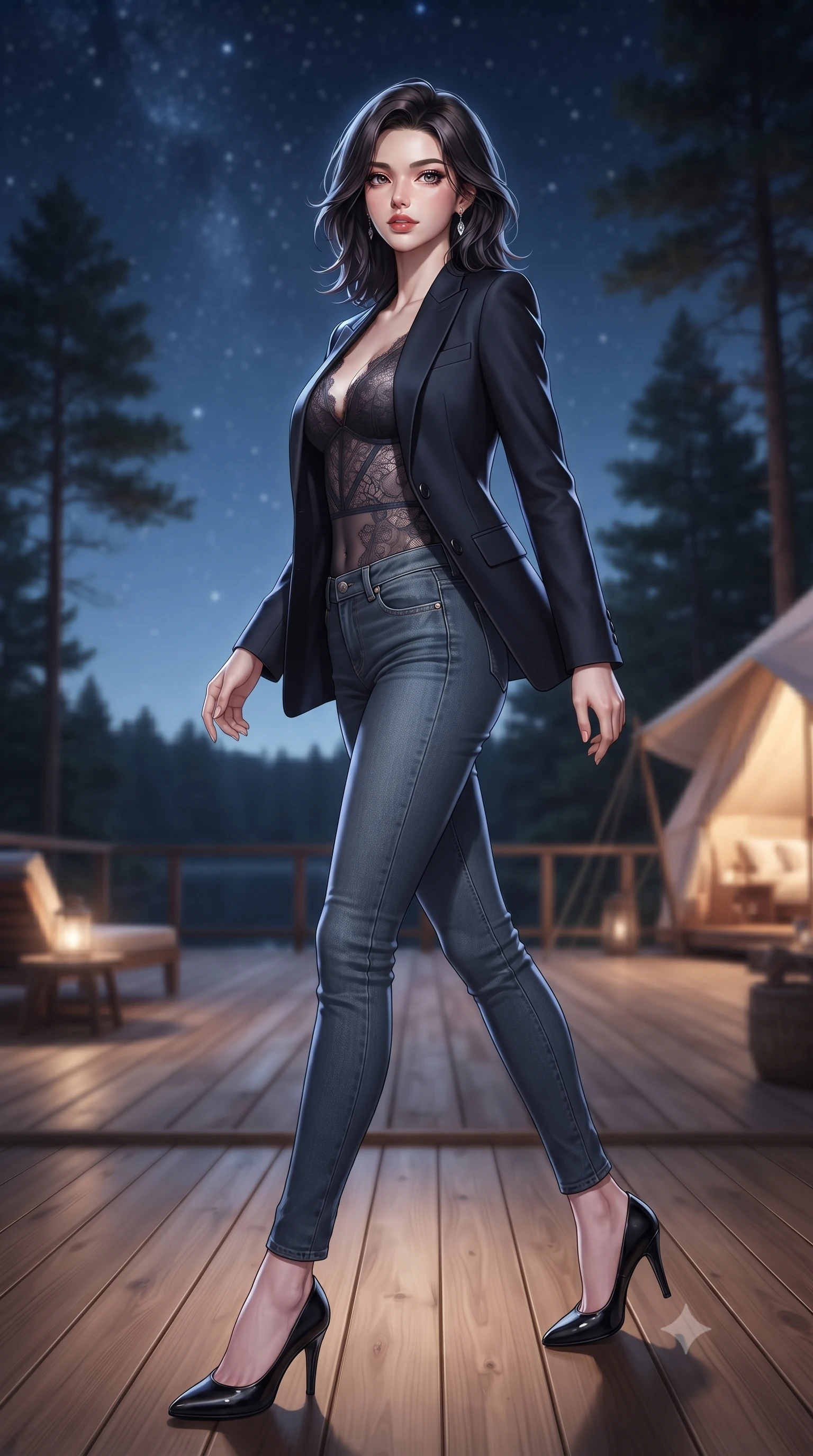 score_9, masterpiece, best quality, ultra-detailed, high-budget anime keyframe, editorial fashion photography, tasteful artistic composition, Korean woman. low angle full-body shot from head to toe showing her feet, filling the entire 9:16 vertical frame with her statuesque presence, stretching her vertical silhouette. stepping gracefully while looking back over her shoulder, her dress draped tightly to reveal her silhouette the background shows a soft-focus a wooden deck of a lakeside glamping site under a starry night sky and tall trees. She has an absolutely perfect, statuesque 8.5-heads proportion, an exceptionally tall and slender model-like female figure with impossibly long slender legs and an ultra-slim waist. sharp v-shaped jawline, high-bridge nose, intricate jewel-like eyes with depth, thick eyelashes, glossy lips with a natural sheen. wearing a slim-fit semi-opaque dark lace bodysuit worn under a tailored open blazer and jeans. soft silver moonlight wrapping her silhouette in a cool cosmic glow. ultra-reflective glossy finish, specular highlights, metallic sheen, high-contrast stereoscopic depth, volumetric dynamic lighting, 2k, ultra detail, master piece, 9:16 ratio
