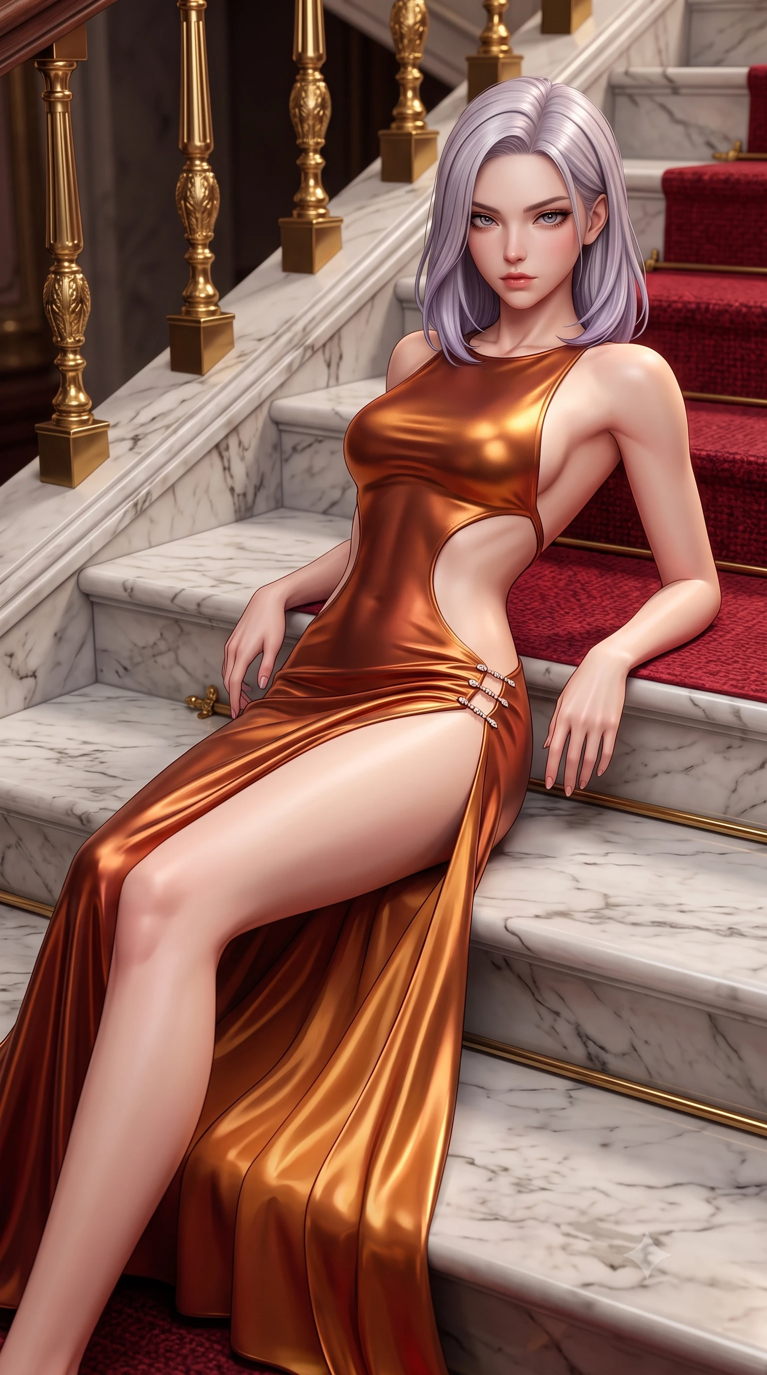 score_9, masterpiece, best quality, ultra-detailed, high-budget anime keyframe, semi-realistic 3D game render, editorial fashion photography, tasteful artistic composition, Caucasian woman. close-up cowboy shot from the waist and thighs up, the character dominates the composition, filling the frame with her large presence. leaning back with relaxed seductive grace, her sculpted collarbones and narrow waist highlighted as she casts smoldering bedroom-eyes directly into the camera while reclining on the broad marble stair landing propped on one elbow, her long slender legs and sculpted waist commanding the opulent Belle Époque space. The surrounding environment is rendered in vivid detail and crisp panoramic clarity. sharp Italian marble step veining, plush crimson carpet weave, and gilded brass baluster details in deep focus. She has an exceptionally elegant, slender, and willowy female figure with an ultra-slim waist, flat toned midriff, narrow ribcage, and sculpted feminine hips creating an alluring, slim hourglass silhouette without bulk. sharp v-shaped jawline, high-bridge nose, intricate jewel-like eyes with depth, thick eyelashes, glossy parted lips with a natural sheen, intensely captivating and seductive bedroom-eyes expression, flawlessly proportioned anatomical accuracy, strict slender model proportions, natural body alignment, perfectly sculpted long slender limbs, ultra-slim waistline, clean dynamic posture without body distortion. wearing a sculptured liquid-satin mermaid gown with an architectural open-waist cutout and bare spine in rich copper bronze and warm amber, crafted from luxurious metallic lamé that shifts radiance with every step, finished with an ultra-high side slit secured by miniature jeweled clasps, the precision-cut side openings and low-back scoop framing her graceful spine and the sensual sweep of her slim, toned hips. illuminated by crisp directional spotlights sharply defining her sculpted collarbones, ultra-slim waist, and curvy hips. highly saturated vibrant anime colors, detailed shading with soft gradients, rich glossy textures, high-contrast stereoscopic depth, volumetric dynamic lighting, master piece, 9:16 ratio