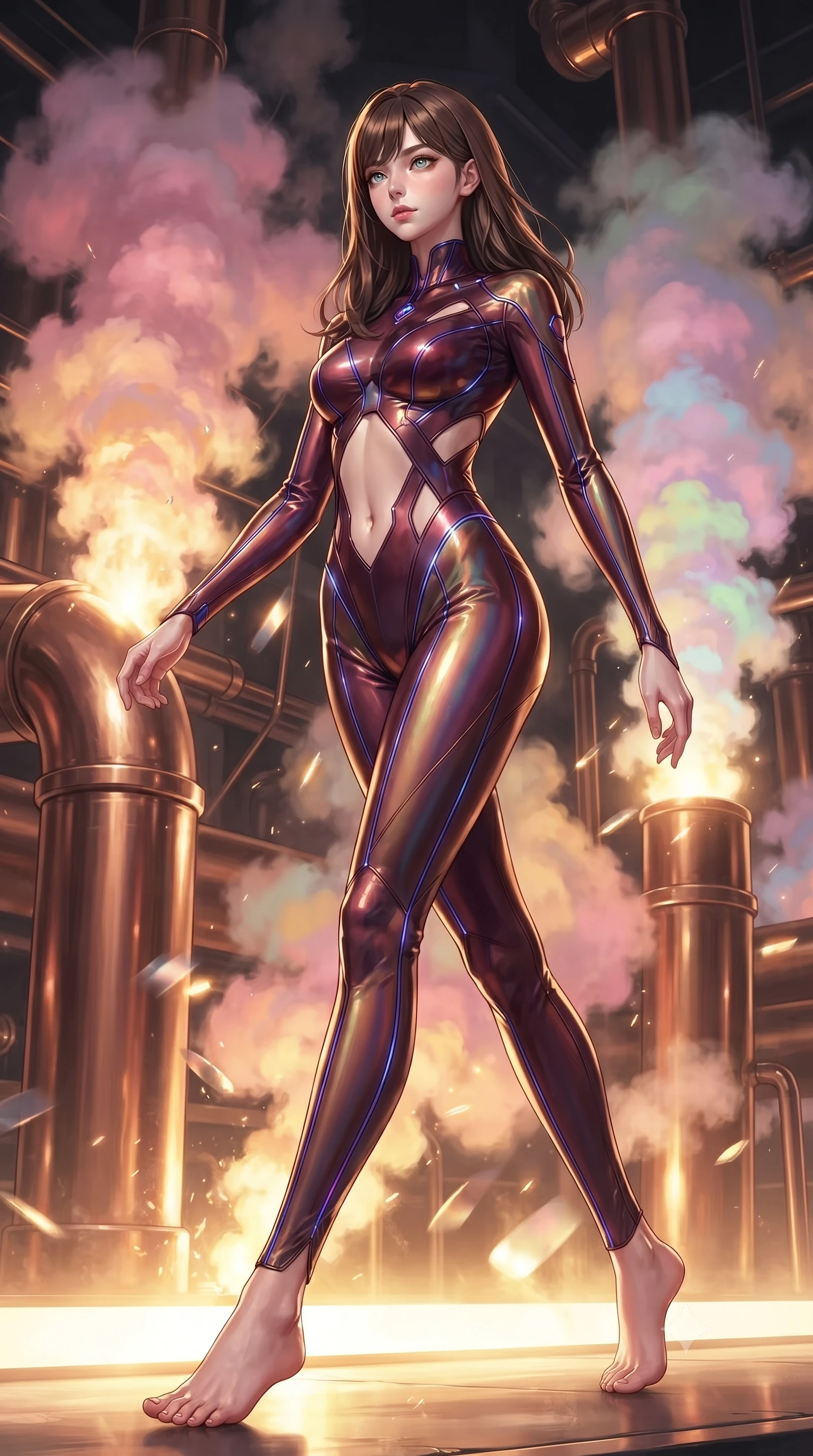 score_9, masterpiece, best quality, ultra-detailed, high-budget anime keyframe, editorial fashion photography, tasteful artistic composition, Korean woman. low angle full-body shot from head to toe showing her feet, filling the entire 9:16 vertical frame with her statuesque presence, stretching her vertical silhouette. forging dynamically through the scene, her vertical silhouette beautifully stretched poised beside giant bronze steam pipes emitting pink and amber vapor clouds, pastel-colored steam clouds scattering bright metallic reflections. She has an absolutely perfect, statuesque 8.5-heads proportion, an exceptionally tall and slender model-like female figure with impossibly long slender legs and an ultra-slim waist. sharp v-shaped jawline, high-bridge nose, intricate jewel-like eyes with depth, thick eyelashes, glossy lips with a natural sheen. wearing a skin-tight cybernetic bodysuit with glowing neon seams and side cutouts in deep burgundy and bronze, crafted from iridescent chiffon that shifts colors in the light, featuring subtle geometric cutouts that highlight her ultra-slim midriff, the elegant draped fit framing her graceful clavicle and slender torso. illuminated by golden steam radiance and dramatic underlighting. ultra-reflective glossy finish, specular highlights, metallic sheen, high-contrast stereoscopic depth, volumetric dynamic lighting, 2k, ultra detail, master piece, 9:16 ratio