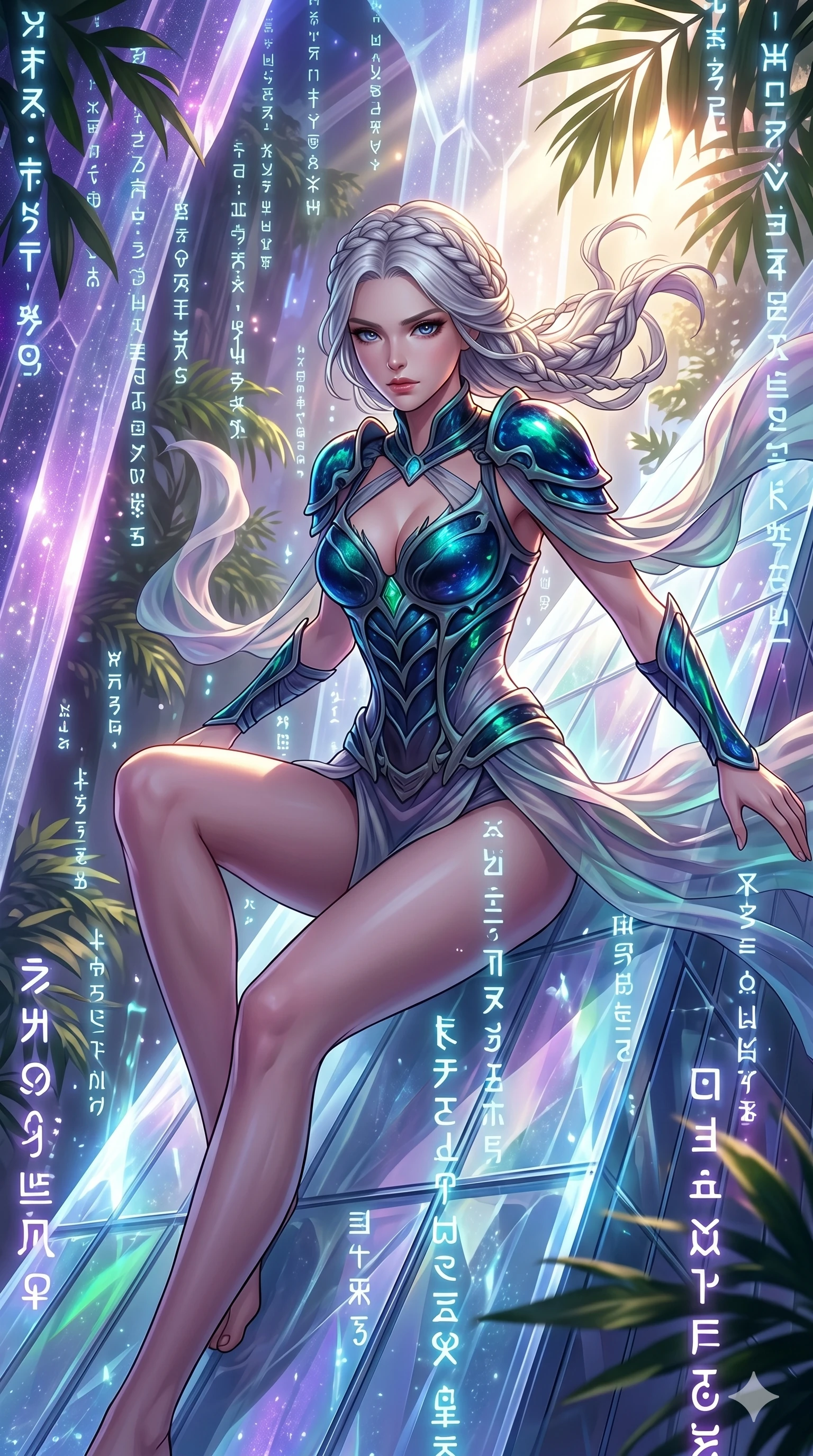 score_9, masterpiece, best quality, ultra-detailed, Set A: High-budget Anime Keyframe, Japanese woman. Upper body close-up from the thighs up, character filling the screen for maximum presence. Theme: Abstract Cosmic. sliding down a glass skyscraper in a temple made of solid light, as a digital rain of 47 symbols washes over her. The atmosphere is filled with cinematic sunlight through leaves. She has an absolutely perfect 8-heads proportion, an exceptionally tall and slender female figure with impossibly long slender legs and an ultra-slim waist. Sharp v-shaped jawline, high-bridge nose, intricate jewel-like eyes with depth, glossy lips. Wearing Primal jungle-warrior outfit with bioluminescent bone-armor and sheer silk wraps. Cinematic lighting, vivid colors, dramatic shadows, 2k, ultra detail, master piece, 9:16 ratio