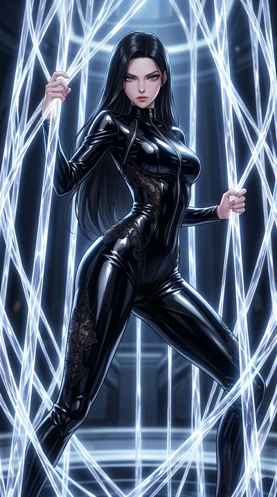 score_9, masterpiece, best quality, ultra-detailed, High-budget Anime Keyframe, East Asian woman. Dynamic full-body shot stretching the vertical silhouette to the limit. Scenario 182: Trapped in a cage of glowing crystalline fibers, body pressing aga