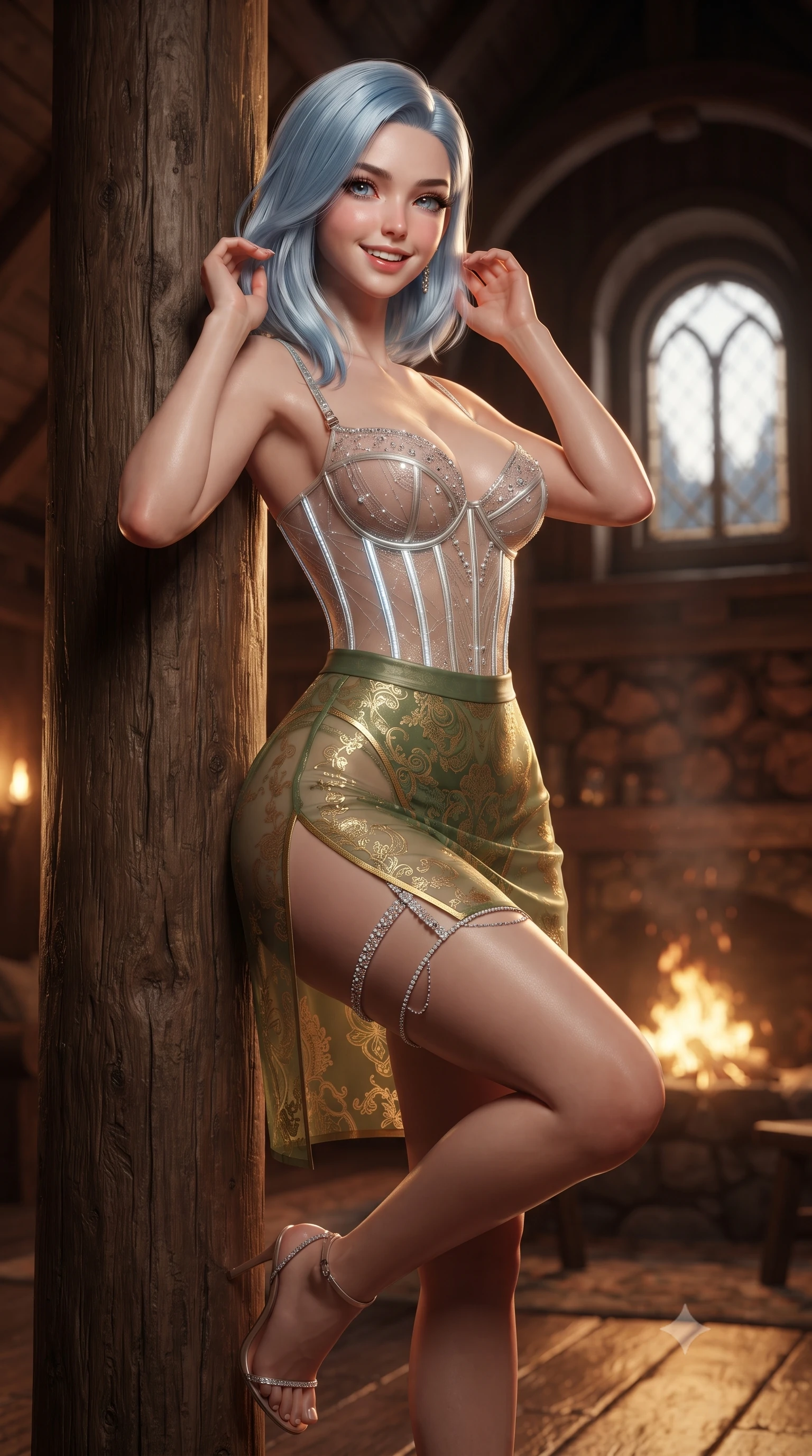 score_9, masterpiece, best quality, ultra-detailed, high-budget anime keyframe, editorial fashion photography, tasteful artistic composition, Korean woman. close-up cowboy shot from the waist and thighs up, the character dominates the composition, filling the frame with her large presence. gently brushing a lock of hair behind her ear while casting a playful, flirtatious side-gaze with long eyelashes while leaning against the massive hand-hewn timber pillar with hips cocked back, looking through arched dormer windows with smoldering bedroom-eyes. The surrounding environment is rendered in vivid detail and crisp panoramic clarity: detailed plunge-front sheer mesh cocktail gown, crystal beading, high side leg slit, and Norwegian timber craft in high resolution. She has an exceptionally elegant, slender, and willowy female figure with an ultra-slim waist, flat toned midriff, narrow ribcage, and sculpted feminine hips creating an alluring, slim hourglass silhouette without bulk. sharp v-shaped jawline, high-bridge nose, intricate jewel-like sparkling eyes with depth, thick eyelashes, glossy parted lips with a natural peach sheen, bright cheerful beaming smile with an enchanting and coquettish sensual glint, exuding both youthful cute charm and seductive allure, flawlessly proportioned anatomical accuracy, strict slender model proportions, natural body alignment, perfectly sculpted long slender limbs, ultra-slim waistline, clean dynamic posture without body distortion. wearing a sculpted underwire cyber-corset in translucent tech-tulle with illuminated boning channels paired with a sheer mini skirt in Gion antique matcha green and gilded gold leaf, crafted from translucent silk organza with an ethereal crystalline sheen, finished with delicate crystal-encrusted thigh garter straps glinting in the dim light, the liquid-tight tailored fabric clinging flawlessly to her narrow waist and rounded feminine hips, emphasizing every millimeter of her sculpted slim hourglass curves without any bulky heaviness. bathed in the rich chiaroscuro 2000K dancing hearth light and soft amber timber cove illumination. ultra-reflective glossy finish, specular highlights, rich textural contrasts, high-contrast stereoscopic depth, volumetric dynamic lighting, 2k, ultra detail, master piece, 9:16 ratio