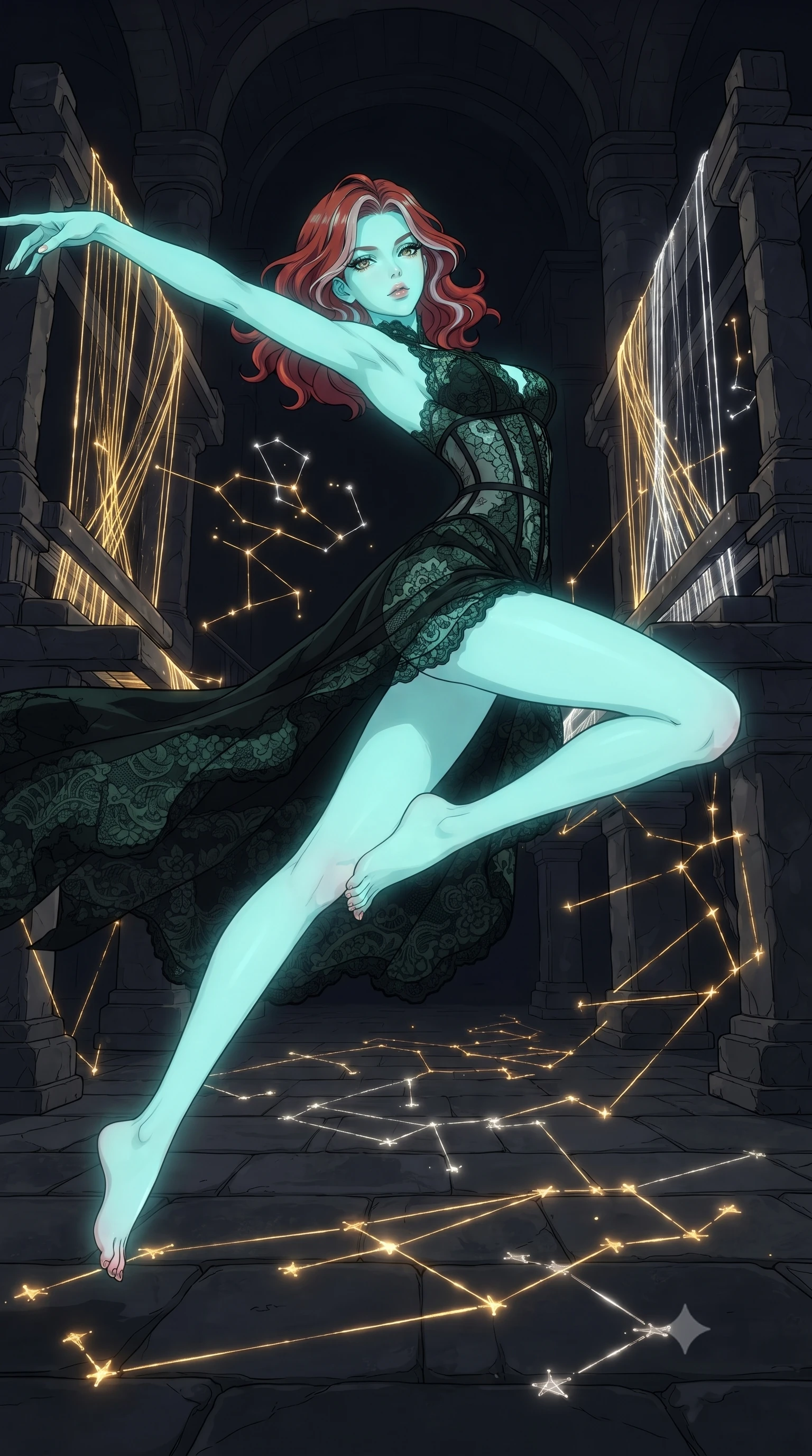 score_9, masterpiece, best quality, ultra-detailed, high-budget anime keyframe, gorgeous anime illustration, artistic 2d flat cel-shaded style, Caucasian woman, strictly human ears. low angle full-body shot from head to toe showing her feet, filling the entire 9:16 vertical frame with her statuesque presence, stretching her vertical silhouette. vaulting dynamically through inside a temple where lines of gold and silver light are being woven by giant stone looms into constellations, starry threads floating in geometric patterns across the dark stone floor. She has a statuesque 8.5-heads proportion, an exceptionally tall, slender and willowy model-like build with impossibly long legs and a highly sculpted ultra-slim waist. sharp v-shaped jawline, high-bridge nose, intricate jewel-like eyes with depth, thick eyelashes, glossy lips with a natural sheen. wearing a deconstructed lace gown in black, detailed with dark green lace panels and a visible corset structure. soft aqua bioluminescent light making her skin luminously glow against darkness. 2k, ultra detail, master piece, 9:16 ratio, vibrant anime color palette, flat color shading, 2d animation style