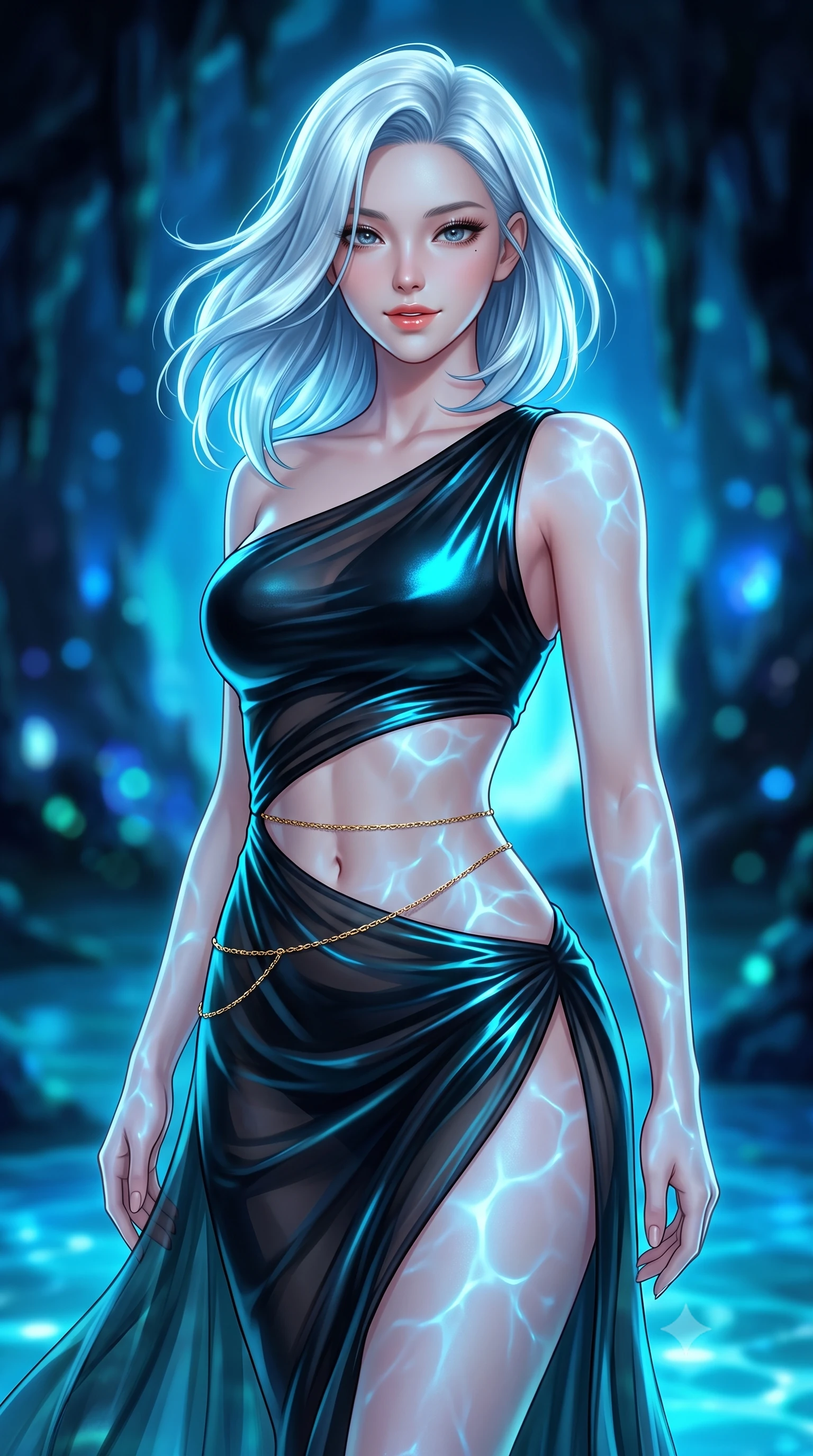 score_9, masterpiece, best quality, ultra-detailed, high-budget anime keyframe, semi-realistic 3D game render, editorial fashion photography, tasteful artistic composition, Korean woman. close-up cowboy shot from the waist and thighs up, the character dominates the composition, filling the frame with her large presence. turning slowly with an enchanting smoldering smile, her glossy hair tossing in the breeze as her hips angle gracefully in a captivating contrapposto while twisting her slender torso in an alluring S-curve, electric blue underwater light caustics dancing across her flat midriff and hips. The background shows a soft-focus eerie glowing neon-blue cavern water, dark limestone stalactites, and tiny cave openings blurred into electric sapphire, teal, and obsidian bokeh. She has an exceptionally elegant, slender, and willowy female figure with an ultra-slim waist, flat toned midriff, narrow ribcage, and sculpted feminine hips creating an alluring, slim hourglass silhouette without bulk. sharp v-shaped jawline, high-bridge nose, sparkling eyes with hypnotic seductive depth, thick curled eyelashes, glossy parted lips with a natural dewy peach sheen, alluring bedroom-eyes with an enchanting coquettish smile, exuding magnetic siren charisma and sophisticated glamour, flawlessly proportioned anatomical accuracy, strict slender model proportions, natural body alignment, perfectly sculpted long slender limbs, ultra-slim waistline, clean dynamic posture without body distortion. wearing an asymmetric one-shoulder liquid jersey resort gown with dramatic hip-high slit and waist cutout in wet-look onyx black with electric cyan reflections, made of sheer gossamer chiffon that drapes softly against skin with airy translucence, accented with a dainty gold belly chain resting across her flat midriff and curving hips, the high-slit wrap tailoring accentuating her ultra-slim waistline and the enchanting curve of her feminine hips with alluring seductive charm. bathed in ethereal glowing cobalt-and-cyan light radiating upward through the submerged cave opening. highly saturated vibrant anime colors, detailed shading with soft gradients, rich glossy textures, high-contrast stereoscopic depth, volumetric dynamic lighting, master piece, 9:16 ratio
