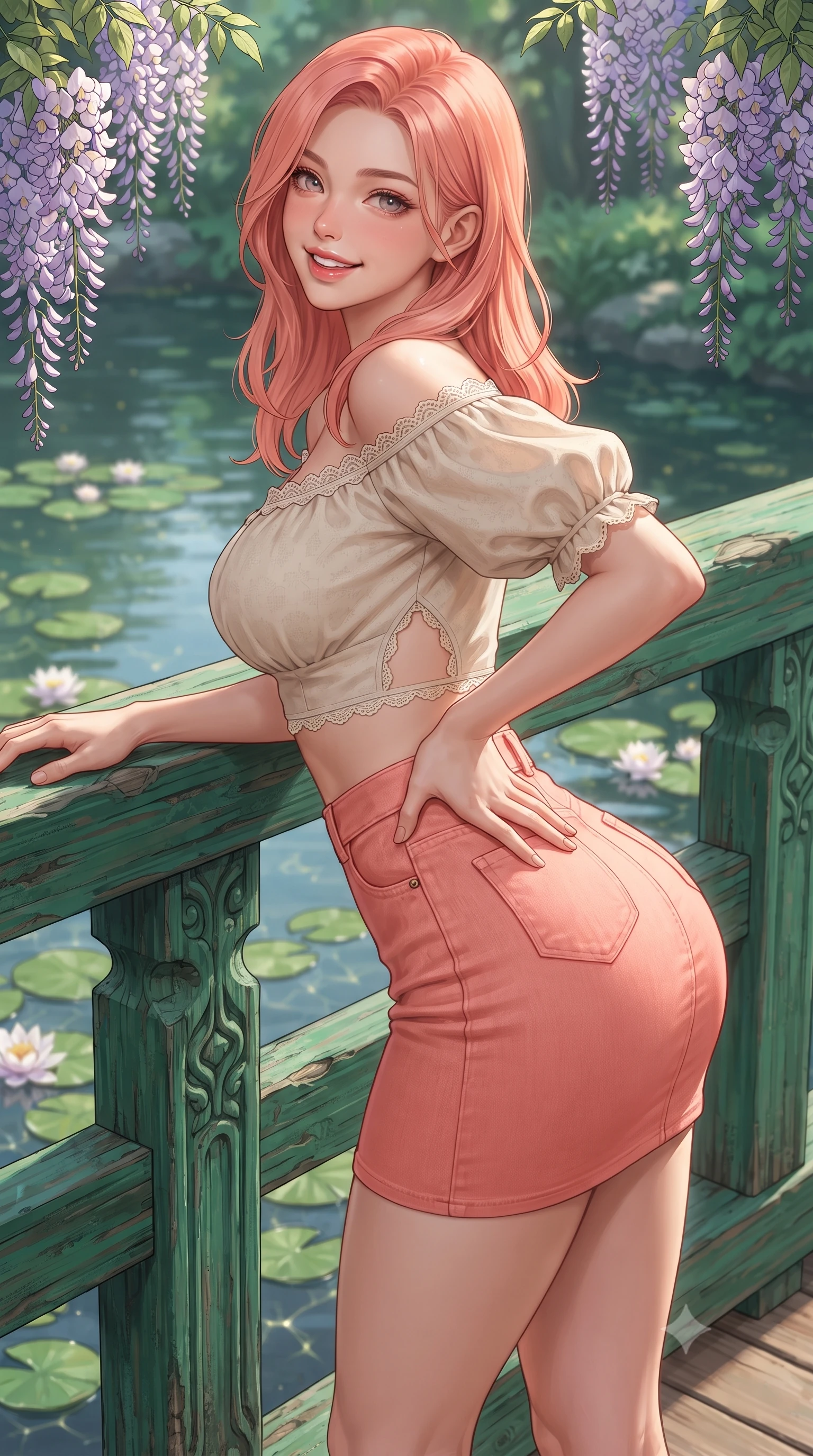 score_9, masterpiece, best quality, ultra-detailed, high-budget anime keyframe, editorial fashion photography, tasteful artistic composition, Japanese woman. close-up cowboy shot from the waist and thighs up, the character dominates the composition, filling the frame with her large presence. twisting her slender torso in an alluring contrapposto stance, one hand resting on her sculpted hip while flashing a radiant, playful smile with parted glossy lips while leaning against the emerald bridge railing with hips cocked back, looking over her shoulder with charming, seductive bedroom-eyes at the water lilies. The surrounding environment is rendered in vivid detail and crisp panoramic clarity. sharp carved wooden bridge plank textures, water lily pad caustics, and wisteria petal details in deep focus. She has an exceptionally elegant, slender, and willowy female figure with an ultra-slim waist, flat toned midriff, narrow ribcage, and sculpted feminine hips creating an alluring, slim hourglass silhouette without bulk. sharp v-shaped jawline, high-bridge nose, intricate jewel-like sparkling eyes with depth, thick eyelashes, glossy parted lips with a natural peach sheen, bright cheerful beaming smile with an enchanting and coquettish sensual glint, exuding both youthful cute charm and seductive allure, flawlessly proportioned anatomical accuracy, strict slender model proportions, natural body alignment, perfectly sculpted long slender limbs, ultra-slim waistline, clean dynamic posture without body distortion. wearing an off-shoulder puff-sleeve crop blouse with a tight high-waisted denim A-line mini skirt emphasizing her curvy hips in warm coral pink and soft oatmeal beige, crafted from liquid-tight stretch jersey emphasizing every curve, finished with delicate lace scallop edging along the neckline, the precision-cut side openings and low-back scoop framing her graceful spine and the sensual sweep of her slim, toned hips. illuminated by calm pond surface specular reflections sharply defining her razor-sharp jawline, narrow waist, and curvy hips. ultra-reflective glossy finish, specular highlights, rich textural contrasts, high-contrast stereoscopic depth, volumetric dynamic lighting, 2k, ultra detail, master piece, 9:16 ratio