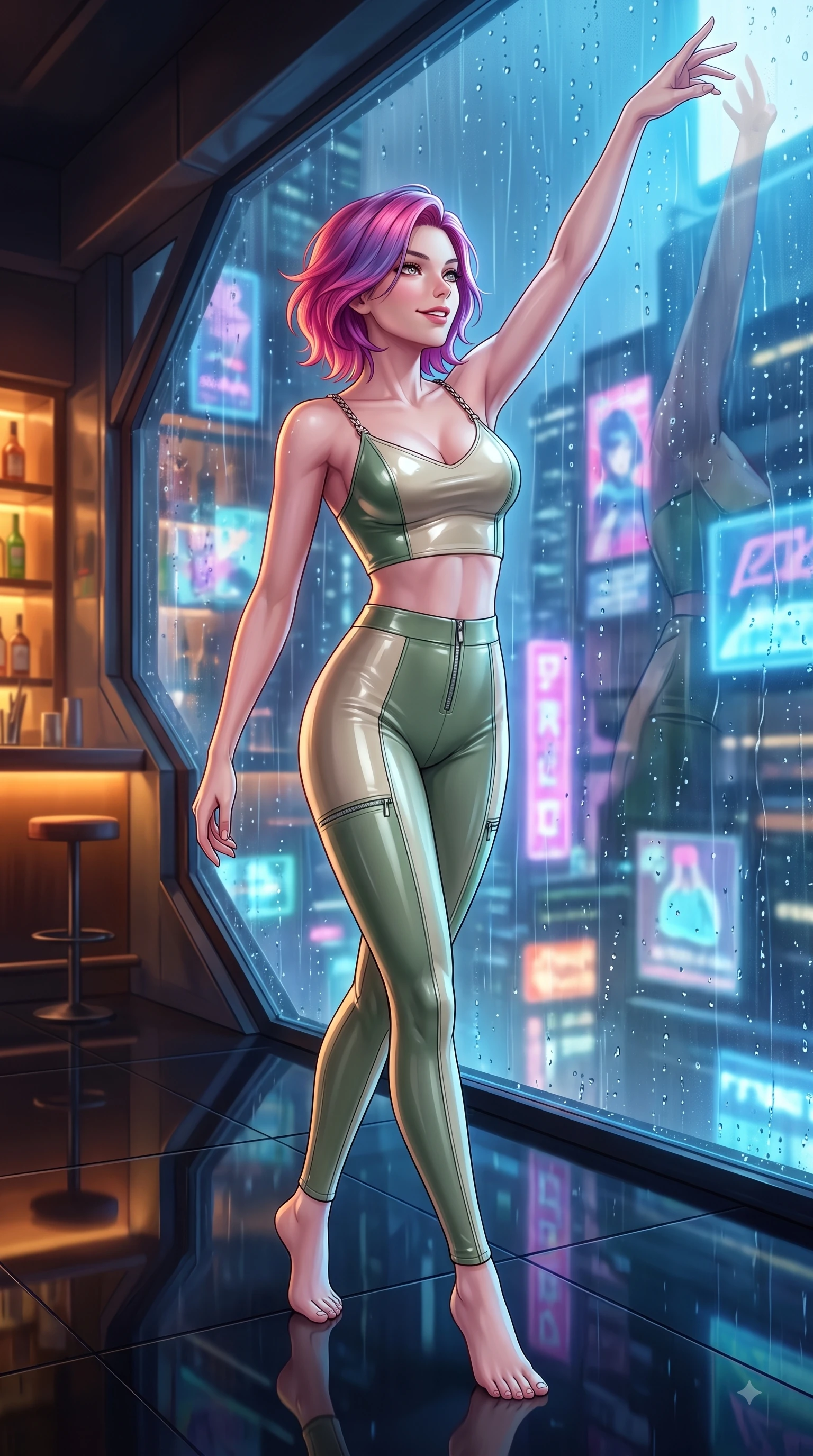 score_9, masterpiece, best quality, ultra-detailed, high-budget anime keyframe, editorial fashion photography, tasteful artistic composition, Caucasian woman. close-up cowboy shot from the waist and thighs up, the character dominates the composition, filling the frame with her large presence, background elements kept in soft focus. Extending one arm in an elegant stretch toward the light while smiling with magnetic self-assurance while stepping across a polished obsidian floor reflecting holographic billboards in mid-air, rain droplets glistening on the window glass with colorful neon city reflections. She has an exceptionally elegant, slender, and willowy female figure with an ultra-slim waist, a gracefully sculpted slender torso, and a refined silhouette. sharp v-shaped jawline, high-bridge nose, intricate jewel-like eyes with depth, thick eyelashes, glossy lips with a natural sheen, flawlessly proportioned anatomical accuracy, natural body alignment, perfectly sculpted elegant limbs, clean dynamic posture without body distortion. wearing a glossy vinyl crop top and high-waist tailored leggings with sleek zippers in sage green and oatmeal, formed from sleek second-skin neoprene, adorned with delicate metallic chain straps along the neckline, the sleek second-skin texture accentuating her magnetic presence. illuminated by warm indoor bar amber light and cool rainy blue neon rim light. highly saturated vibrant anime colors, detailed shading with soft gradients, rich glossy textures, high-contrast stereoscopic depth, volumetric dynamic lighting, master piece, 9:16 ratio