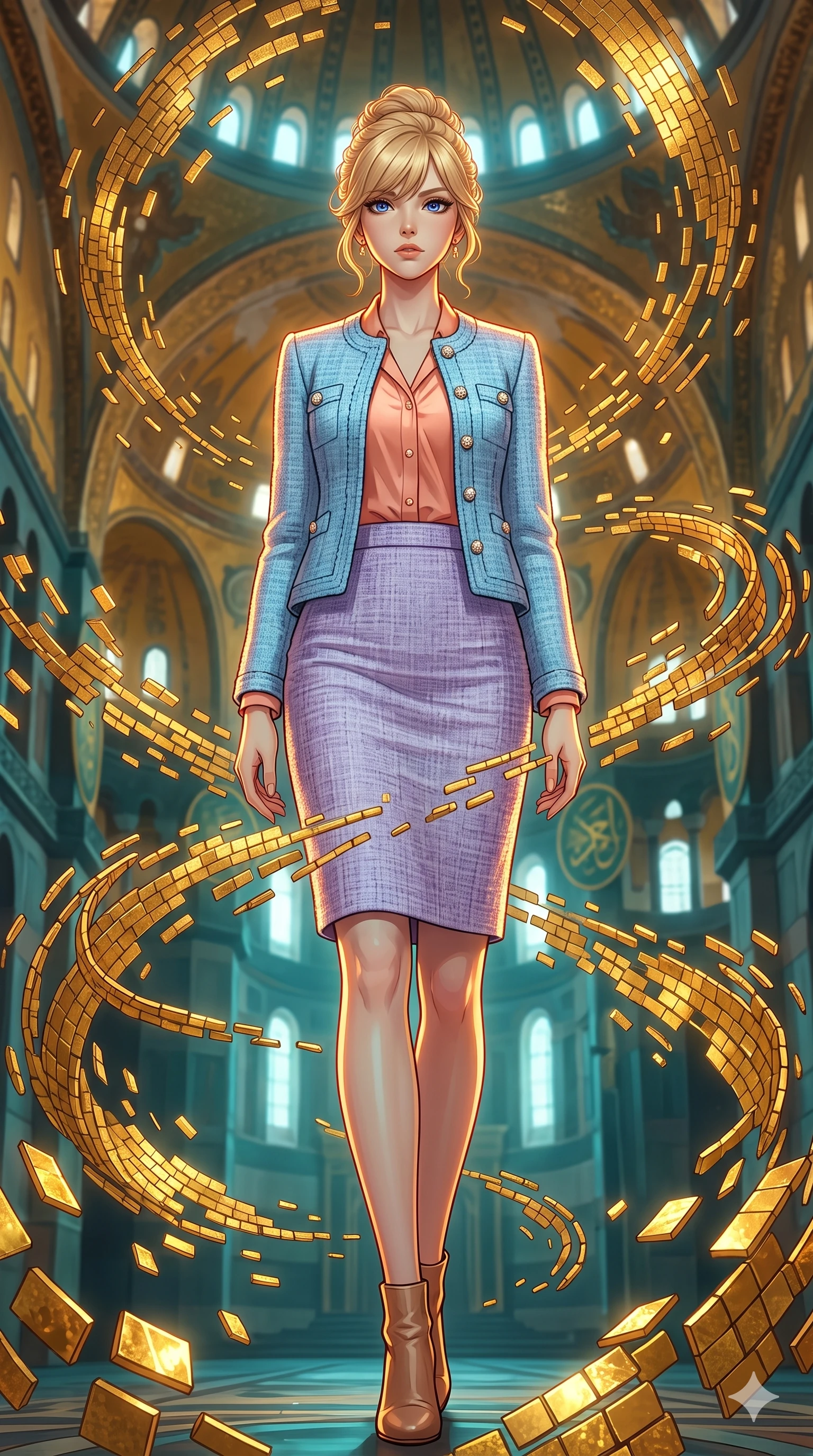 score_9, masterpiece, best quality, ultra-detailed, high-budget anime keyframe, editorial fashion photography, tasteful artistic composition, Caucasian woman, strictly human ears. low angle full-body shot from head to toe showing her feet, filling the entire 9:16 vertical frame with her statuesque presence, stretching her vertical silhouette. striking a commanding pose within a grand Byzantine hall where millions of golden mosaic tiles detach from the walls and ceiling to float and rearrange themselves into new sacred patterns mid-air shimmering with metallic luster. She has a statuesque 8.5-heads proportion, an exceptionally tall, slender and willowy model-like build with impossibly long legs and a highly sculpted ultra-slim waist. sharp v-shaped jawline, high-bridge nose, intricate jewel-like eyes with depth, thick eyelashes, glossy lips with a natural sheen. wearing a chic sky-blue tweed jacket with pearl buttons over a light coral silk blouse and a matching lavender pencil skirt. warm amber rim lighting combined with cool teal fill light creating dramatic contrast. 2k, ultra detail, master piece, 9:16 ratio