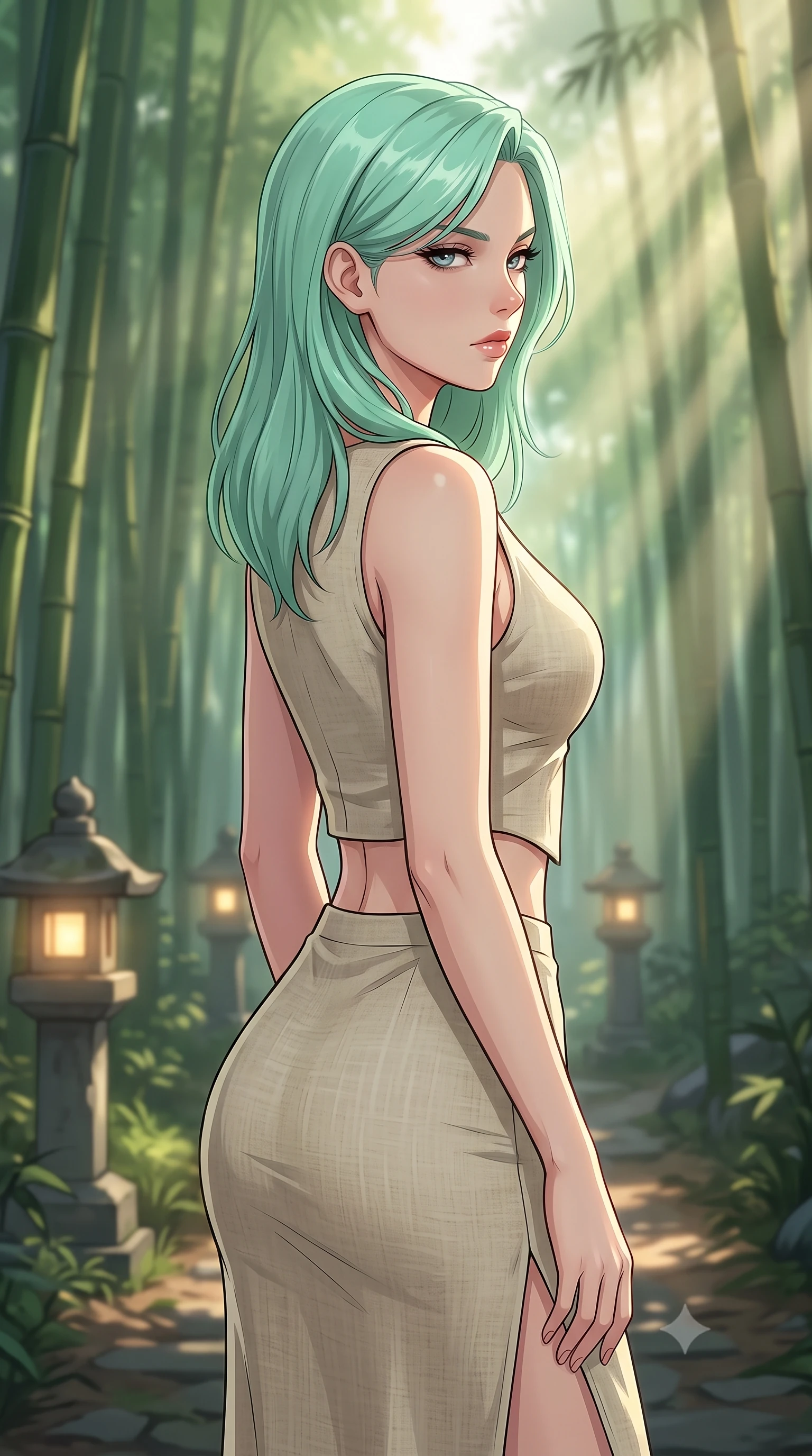 score_9, masterpiece, best quality, ultra-detailed, high-budget anime keyframe, tasteful artistic composition, Japanese woman. close-up cowboy shot from the waist and thighs up, the character dominates the composition, filling the frame with her large presence, background elements kept in soft focus. turning her face in sharp profile, casting a cold, mysterious, yet intensely alluring side gaze, the background shows a soft-focus a secluded bamboo forest path lit by stone lanterns at dawn. She has an exceptionally elegant, slender, and willowy female figure with an ultra-slim waist, a gracefully sculpted slender torso, and a refined silhouette. sharp v-shaped jawline, high-bridge nose, intricate jewel-like eyes with depth, thick eyelashes, glossy lips with a natural sheen. wearing a form-contouring tailored vacation outfit of a linen crop vest and a matching side-slit midi skirt, revealing a subtle waist cutout. soft morning sunrays slicing through the bamboo stalks, creating volumetric rays. highly saturated vibrant anime colors, cel-shading, 2d style, master piece, 9:16 ratio