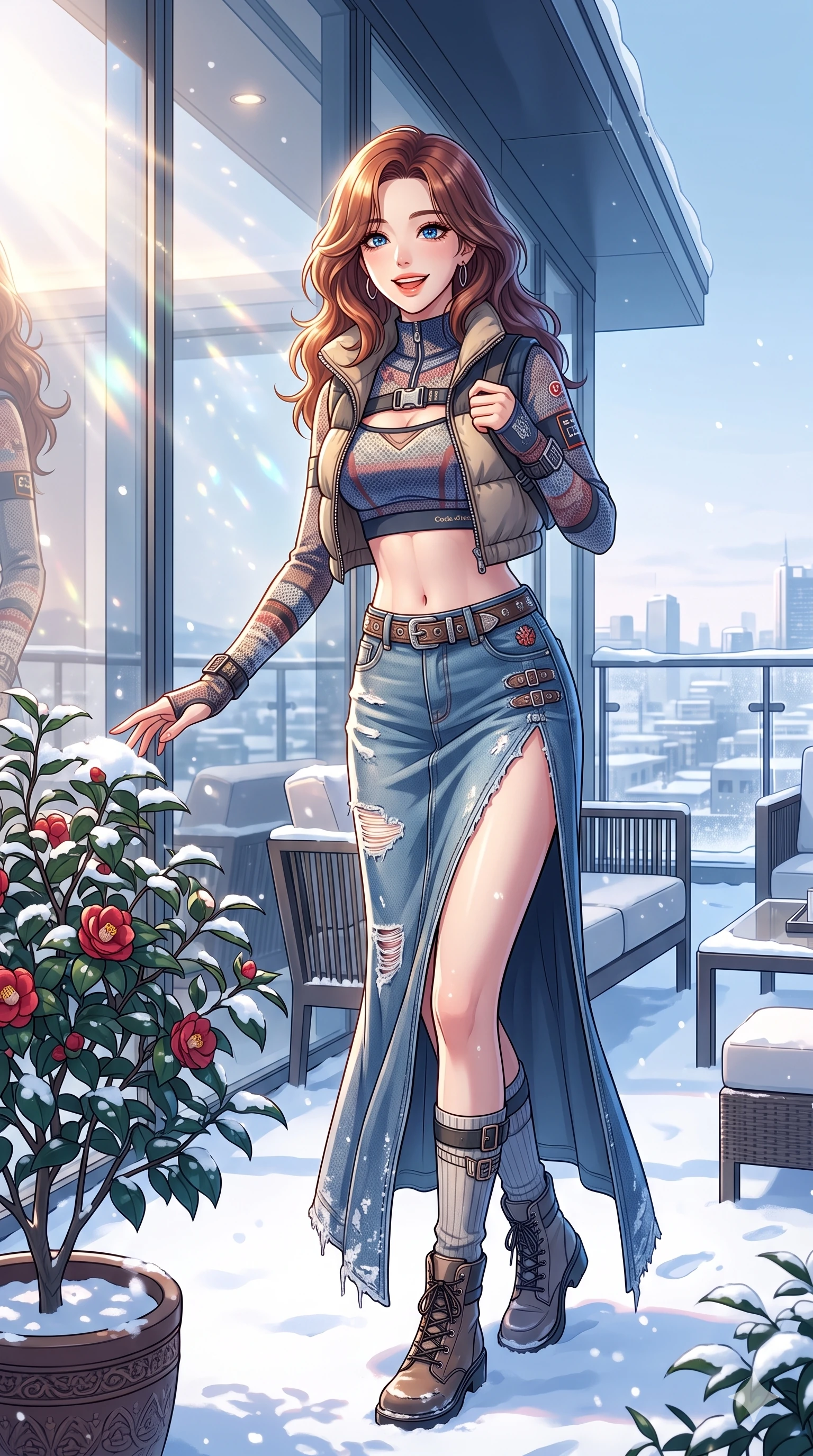 score_9, masterpiece, best quality, ultra-detailed, high-budget anime keyframe, vibrant anime aesthetic, Korean woman. cowboy shot from the thighs up, character and outfit filling the frame for maximum presence. She is standing by a camellia pot, smiling brightly while reaching out a hand in snow on a luxury hotel rooftop terrace under morning winter rays (Code-P21-084). She has an absolutely perfect 8-heads proportion, an exceptionally tall and slender female figure with impossibly long slender legs and an ultra-slim waist. V-shaped jawline, high-bridge nose, intricate jewel-like eyes with depth, thick eyelashes, glossy lips with a natural sheen. wearing a crop top with an exposed midriff and high-slit denim skirt in winter. She is illuminated by direct, sparkling winter sunbeams reflecting off the clean window glass. 2k, ultra detail, master piece, 9:16 ratio
