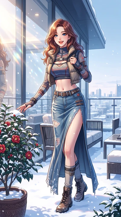 score_9, masterpiece, best quality, ultra-detailed, high-budget anime keyframe, vibrant anime aesthetic, Korean woman. cowboy shot from the thighs up, character and outfit filling the frame for maximum presence. She is standing by a camellia pot, smi