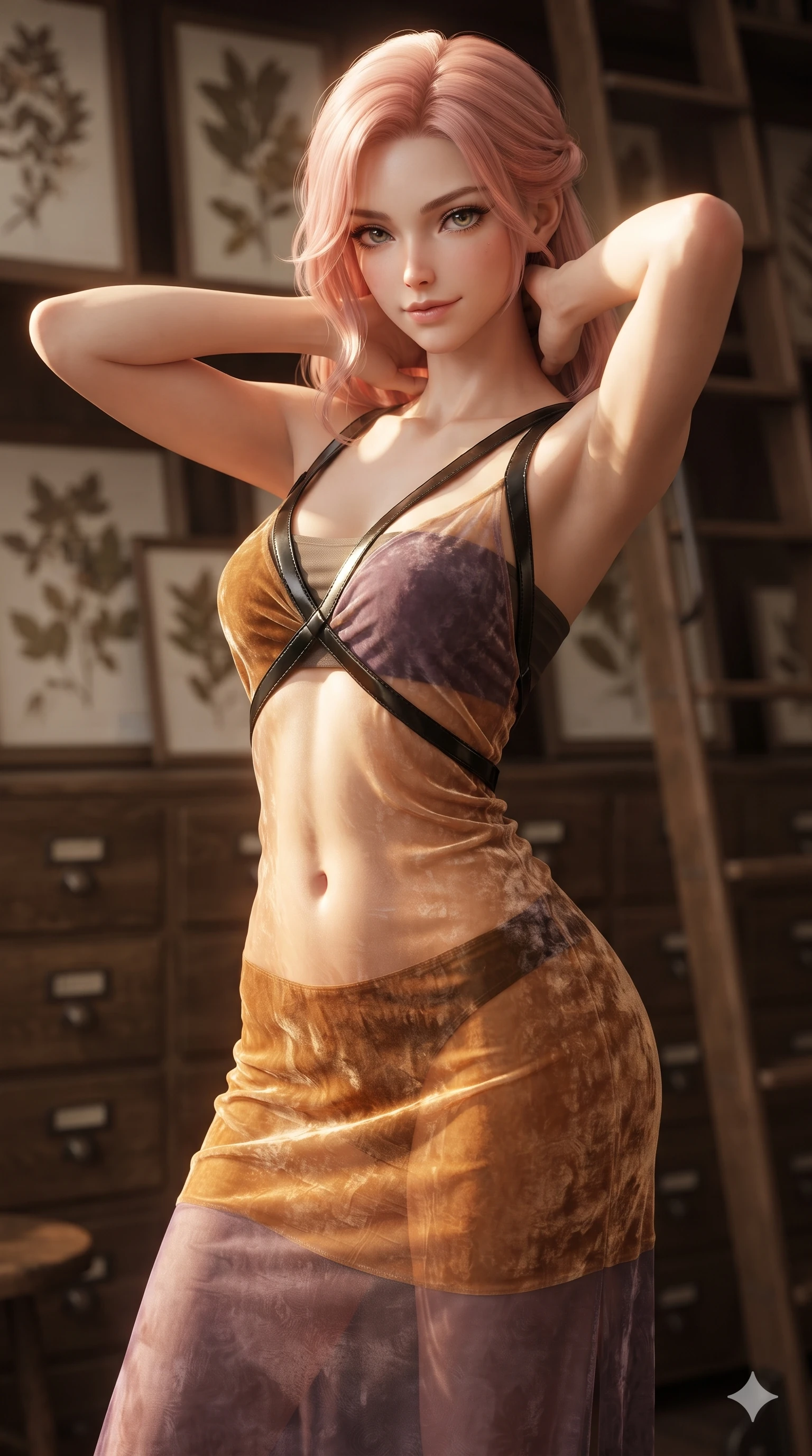 score_9, masterpiece, best quality, ultra-detailed, high-budget anime keyframe, editorial fashion photography, tasteful artistic composition, Japanese woman. close-up cowboy shot from the waist and thighs up, the character dominates the composition, filling the frame with her large presence. resting both hands lightly behind her neck with elbows raised, arching her spine to highlight her narrow waist, flat midriff, and breathtaking collarbones while twisting her slender torso in an alluring contrapposto stance beside the research table, afternoon sunbeams illuminating her flat midriff and hips. The background shows a soft-focus rows of antique oak herbarium drawers, framed pressed botanical specimens, and rolling library ladders blurred into honey, sepia, and oak bokeh. She has an exceptionally elegant, slender, and willowy female figure with an ultra-slim waist, flat toned midriff, narrow ribcage, and sculpted feminine hips creating an alluring, slim hourglass silhouette without bulk. sharp v-shaped jawline, high-bridge nose, sparkling eyes with hypnotic seductive depth, thick curled eyelashes, glossy parted lips with a natural dewy peach sheen, alluring bedroom-eyes with an enchanting coquettish smile, exuding magnetic siren charisma and sophisticated glamour, flawlessly proportioned anatomical accuracy, strict slender model proportions, natural body alignment, perfectly sculpted long slender limbs, ultra-slim waistline, clean dynamic posture without body distortion. wearing a delicately layered semi-sheer gossamer silk slip dress revealing her sculpted silhouette over an opaque micro-bandeau and briefs in warm amber honey and rustic dried lavender, tailored from crushed dark velvet with deep light-absorbing plush texture, featuring an open-back criss-cross harness strap in patent black leather, the glove-like clinging cut tightly following the natural contour of her hips and long slender legs with youthful 8.5-heads elegance. illuminated by parchment reflection fill and sharp warm-amber rim lights defining her razor-sharp jawline, narrow waist, and curvy hips. ultra-reflective glossy finish, specular highlights, rich textural contrasts, high-contrast stereoscopic depth, volumetric dynamic lighting, 2k, ultra detail, master piece, 9:16 ratio