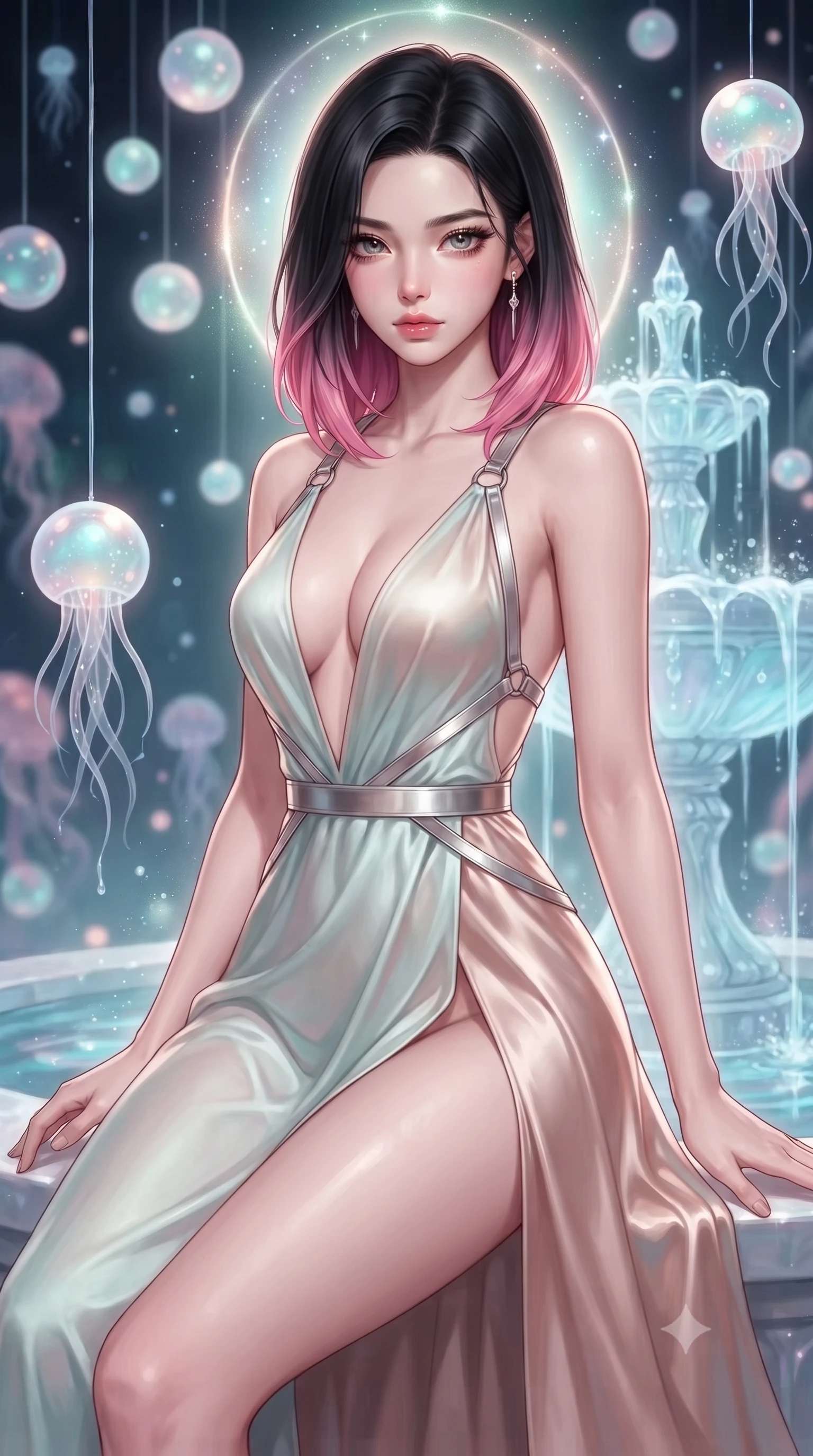 score_9, masterpiece, best quality, ultra-detailed, high-budget anime keyframe, editorial fashion photography, tasteful artistic composition, Korean woman. close-up cowboy shot from the waist and thighs up, the character dominates the composition, filling the frame with her large presence, background elements kept in soft focus. Casting a slow, direct gaze beneath heavy lashes with quiet intensity, resting near a hydro-flow crystal fountain surrounded by suspended opal bioluminescent orbs, soft opal bioluminescence filtering through delicate translucent tentacles. She has an exceptionally elegant, slender, and willowy female figure with an ultra-slim waist, a gracefully sculpted slender torso, and a refined silhouette. sharp v-shaped jawline, high-bridge nose, intricate jewel-like eyes with depth, thick eyelashes, glossy lips with a natural sheen. wearing deep plunging V-neckline champagne silk gown with daring high thigh slit in pale opal seafoam, made of soft rose-gold satin, highlighted by a platinum metallic harness structure, highlighting her statuesque proportions and ultra-slim waistline. surrounded by a glowing aura of opal starlight and soft diffused rim highlights. highly saturated vibrant anime colors, detailed shading with soft gradients, rich glossy textures, high-contrast stereoscopic depth, volumetric dynamic lighting, master piece, 9:16 ratio