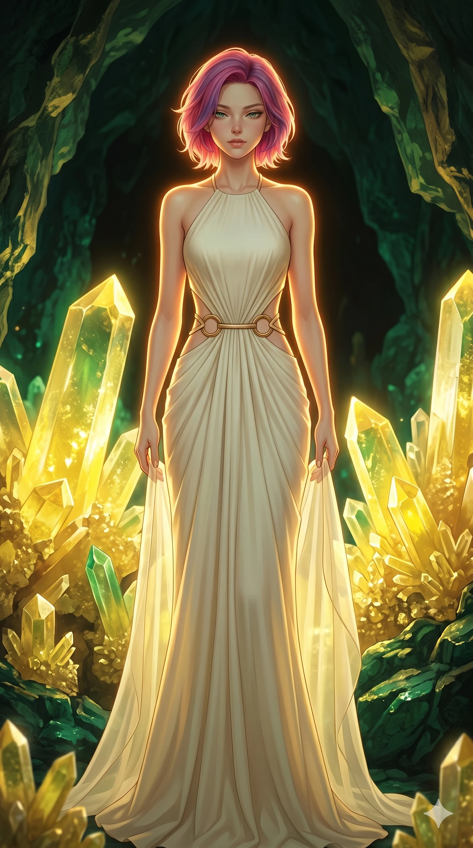 score_9, masterpiece, best quality, ultra-detailed, high-budget anime keyframe, editorial fashion photography, tasteful artistic composition, Caucasian woman, strictly human ears. cowboy shot from the thighs up, character and outfit filling the frame for maximum editorial presence. Arching her neck slightly with her eyes half-closed in composure inside a cave of giant sulfur crystals casting a warm yellow and emerald glow. She has an absolutely perfect 8-heads proportion, an exceptionally tall and slender female figure with impossibly long slender legs and an ultra-slim waist. V-shaped jawline, high-bridge nose, intricate jewel-like eyes with depth, thick eyelashes, glossy lips with a natural sheen. wearing a floor-length draped gown in ivory crepe with a halter neckline and delicate geometric cutouts at the sides of the waist framed by gold-tone rings. drenched in warm amber cinematic rim lighting that traces every contour of her silhouette against a dark background. 2k, ultra detail, master piece, 9:16 ratio