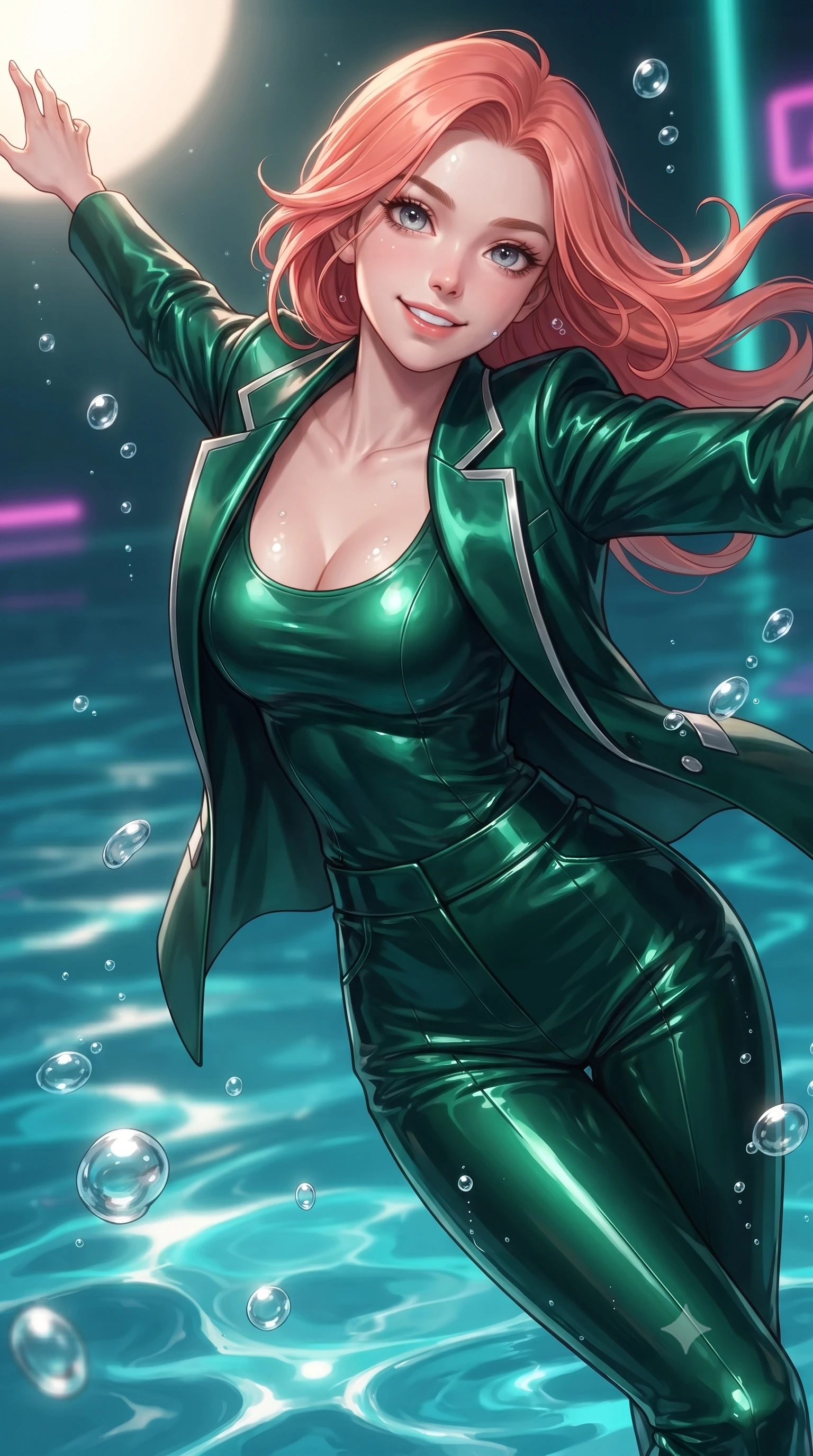 score_9, masterpiece, best quality, ultra-detailed, high-budget anime keyframe, editorial fashion photography, tasteful artistic composition, Japanese woman. close-up cowboy shot from the waist and thighs up, the character dominates the composition, filling the frame with her large presence, background elements kept in soft focus. Extending one arm in an elegant stretch toward the light while smiling with magnetic self-assurance while gliding dynamically over a mirror-like lagoon floor as neon ripples dance across her form, rising underwater bubbles casting pearl-white specular highlights on her skin. She has an exceptionally elegant, slender, and willowy female figure with an ultra-slim waist, a gracefully sculpted slender torso, and a refined silhouette. sharp v-shaped jawline, high-bridge nose, intricate jewel-like eyes with depth, thick eyelashes, glossy lips with a natural sheen, flawlessly proportioned anatomical accuracy, natural body alignment, perfectly sculpted elegant limbs, clean dynamic posture without body distortion. wearing a tailored silk blazer over a form-contouring scoop-neck top and slacks in deep emerald green and silver accent, tailored from high-gloss patent leather, accented with a Tasteful chest slit framing her clavicle gracefully, the sleek second-skin texture accentuating her magnetic presence. surrounded by a shimmering ocean aura with bright specular rim lights. ultra-reflective glossy finish, specular highlights, metallic sheen, high-contrast stereoscopic depth, volumetric dynamic lighting, 2k, ultra detail, master piece, 9:16 ratio