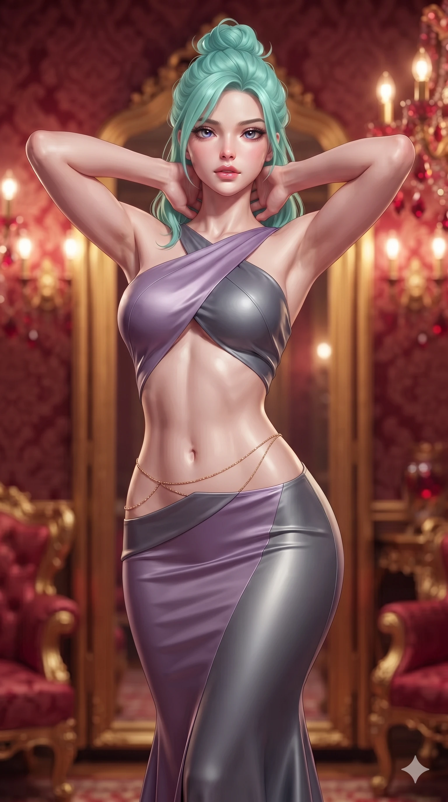 score_9, masterpiece, best quality, ultra-detailed, high-budget anime keyframe, semi-realistic 3D game render, editorial fashion photography, tasteful artistic composition, Japanese woman. close-up cowboy shot from the waist and thighs up, the character dominates the composition, filling the frame with her large presence. resting both hands lightly behind her neck with elbows raised, arching her spine to highlight her narrow waist, flat midriff, and breathtaking collarbones while standing poised before towering gold-leaf mirrors, arching her back with high-fashion anime charisma as ruby crystal prisms cast jewel-like reflections. The composition keeps background elements in soft focus with creamy bokeh: intricate crimson silk damask wall coverings, glowing Murano ruby crystal chandeliers, and gilded baroque furniture blurred into crimson, gold, and ruby bokeh. She has an exceptionally elegant, slender, and willowy female figure with an ultra-slim waist, flat toned midriff, narrow ribcage, and sculpted feminine hips creating an alluring, slim hourglass silhouette without bulk. sharp v-shaped jawline, high-bridge nose, intricate jewel-like eyes with depth, thick eyelashes, glossy parted lips with a natural sheen, intensely captivating and seductive bedroom-eyes expression, flawlessly proportioned anatomical accuracy, strict slender model proportions, natural body alignment, perfectly sculpted long slender limbs, ultra-slim waistline, clean dynamic posture without body distortion. wearing a sculptured liquid-satin mermaid gown with an architectural open-waist cutout and bare spine descending to the tailbone in Highland heather violet and slate granite, crafted from fluid liquid silk satin that clings smoothly to her narrow waist and rounded hips with a dewy sheen, accented with a dainty gold belly chain resting across her flat midriff and curving hips, the impeccably tailored cut draping gracefully along her slender figure with aristocratic poise. illuminated by warm 2400K Murano chandelier ruby-amber glow mixed with soft gilded mirror bounce. highly saturated vibrant anime colors, detailed shading with soft gradients, rich glossy textures, high-contrast stereoscopic depth, volumetric dynamic lighting, master piece, 9:16 ratio