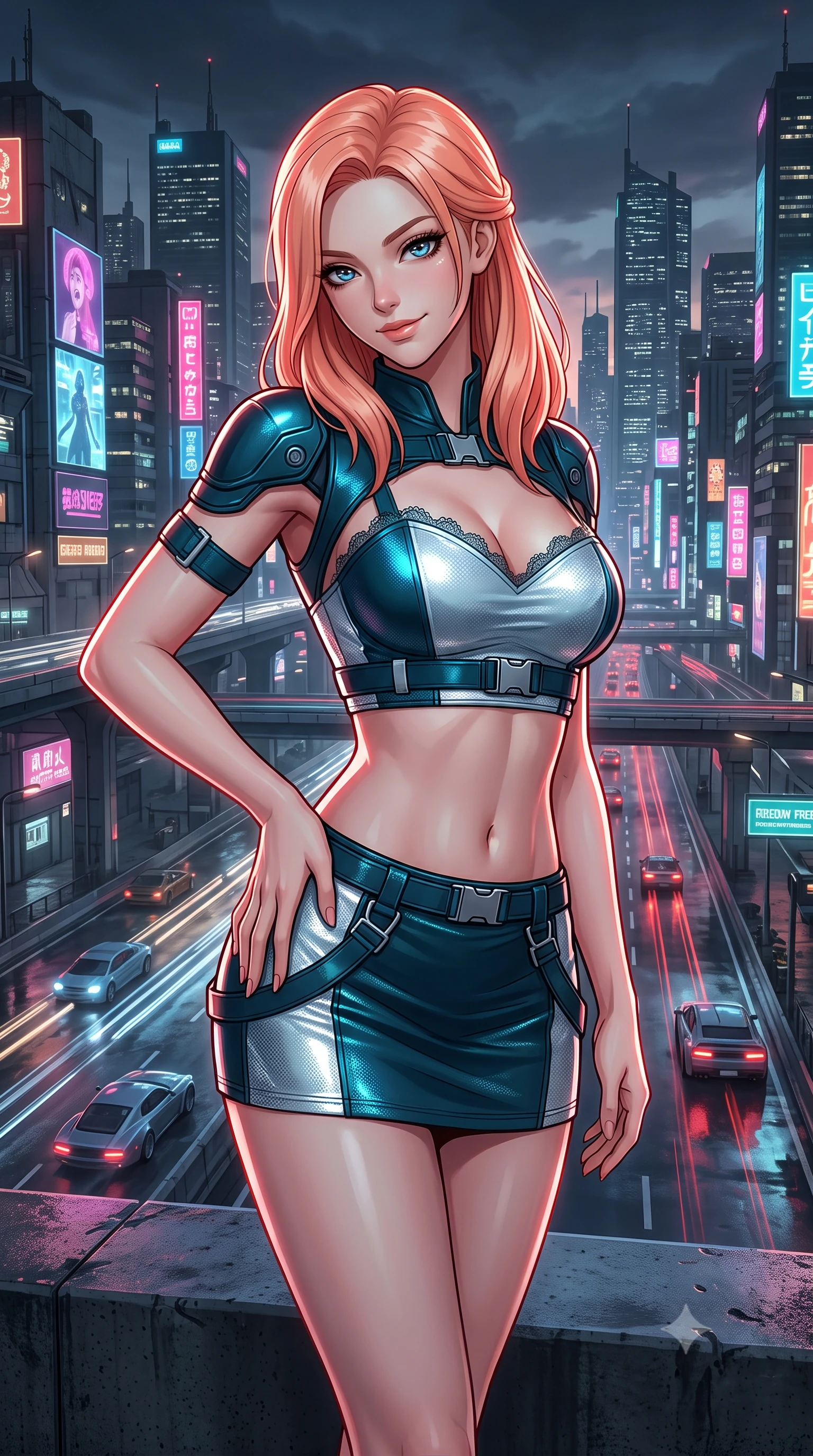 score_9, masterpiece, best quality, ultra-detailed, high-budget anime keyframe, semi-realistic 3D game render, editorial fashion photography, tasteful artistic composition, Japanese woman. close-up cowboy shot from the waist and thighs up, the character dominates the composition, filling the frame with her large presence. tilting her head with a teasing half-smile, running one hand slowly down the side of her hip in a flirtatious S-curve as ambient light caresses her silhouette while standing poised on the high concrete freeway abutment high above rushing streams of hovering aerocars, arching her back with breathtaking anime heroine charisma. The surrounding environment is rendered in vivid detail and crisp panoramic clarity: detailed anime keyframe lines, rich glossy textures, and futuristic megalopolis highway infrastructure in razor-sharp precision. She has an exceptionally elegant, slender, and willowy female figure with an ultra-slim waist, flat toned midriff, narrow ribcage, and sculpted feminine hips creating an alluring, slim hourglass silhouette without bulk. sharp v-shaped jawline, high-bridge nose, intricate jewel-like sparkling eyes with depth, thick eyelashes, glossy parted lips with a natural peach sheen, bright cheerful beaming smile with an enchanting and coquettish sensual glint, exuding both youthful cute charm and seductive allure, flawlessly proportioned anatomical accuracy, strict slender model proportions, natural body alignment, perfectly sculpted long slender limbs, ultra-slim waistline, clean dynamic posture without body distortion. wearing an ultra-cropped tactical tech-wear bandeau top with molded shoulder armor paired with a micro mini skirt revealing her flat toned midriff in Europa abyssal turquoise and ice-shelf diamond, crafted from stretch micro-mesh with liquid foil coating that shimmers with every movement, finished with scalloped eyelash lace trim framing her sweetheart neckline with intimate elegance, the liquid-tight tailored fabric clinging flawlessly to her narrow waist and rounded feminine hips, emphasizing every millimeter of her sculpted slim hourglass curves without any bulky heaviness. illuminated by wet concrete reflection bounce and sharp ruby-white rim lights sculpting her jawline, narrow waist, and curvy hips. highly saturated vibrant anime colors, detailed shading with soft gradients, rich glossy textures, high-contrast stereoscopic depth, volumetric dynamic lighting, master piece, 9:16 ratio
