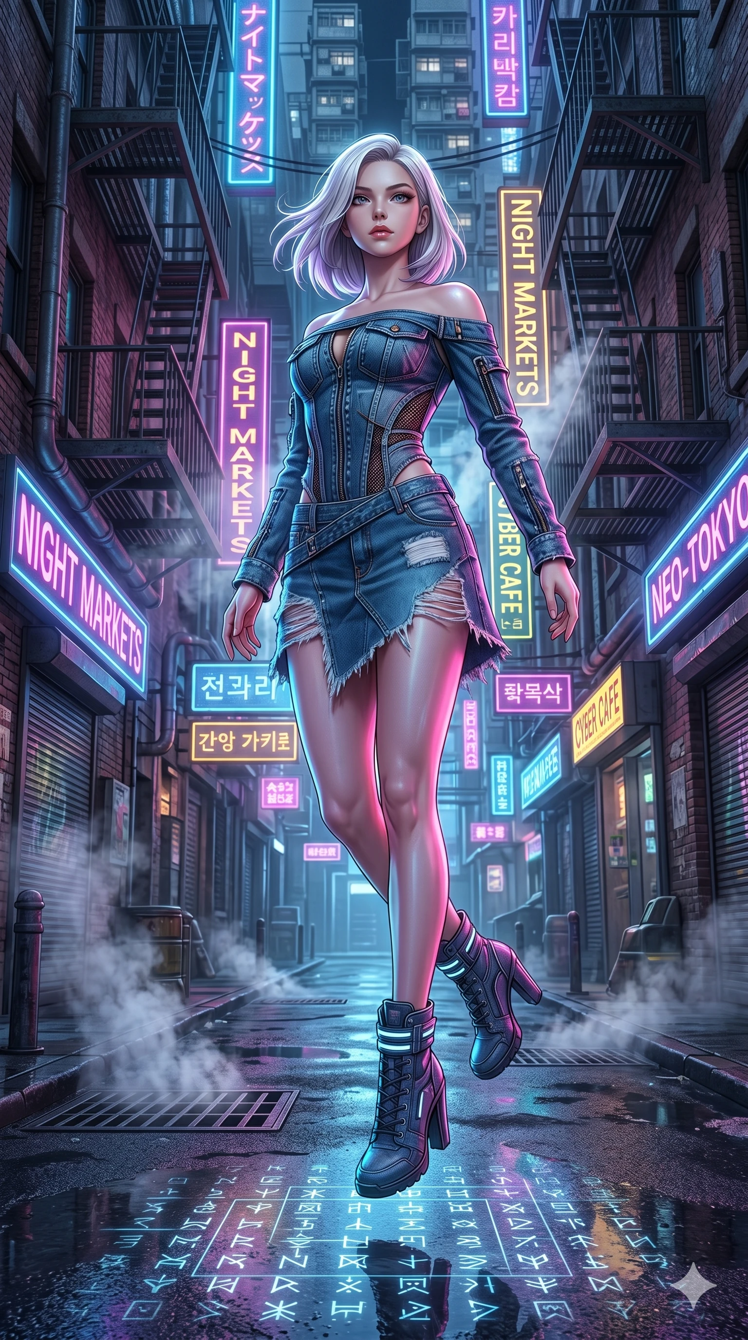 score_9, masterpiece, best quality, ultra-detailed, high-budget anime keyframe, editorial fashion photography, tasteful artistic composition, Caucasian woman, strictly human ears. low angle full-body shot from head to toe showing her feet, filling the entire 9:16 vertical frame with her statuesque presence, stretching her vertical silhouette. leaping upwards into through a futuristic metropolis alleyway with glowing neon signs and steam as glowing runes and symbols fade in and out on the ground. She has an absolutely perfect 8-heads proportion, an exceptionally tall and slender female figure with impossibly long slender legs and an ultra-slim waist. V-shaped jawline, high-bridge nose, intricate jewel-like eyes with depth, thick eyelashes, glossy lips with a natural sheen.. wearing a deconstructed denim corset and an asymmetric ripped denim structured mini-skirt, showcasing a rugged yet chic off-shoulder style. illuminated by the brilliant neon reflections bouncing off wet surfaces, emphasizing her skin tone. 2k, ultra detail, master piece, 9:16 ratio
