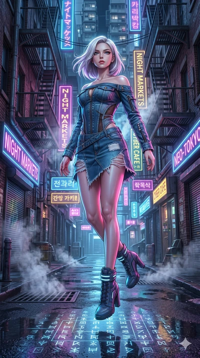 score_9, masterpiece, best quality, ultra-detailed, high-budget anime keyframe, editorial fashion photography, tasteful artistic composition, Caucasian woman, strictly human ears. low angle full-body shot from head to toe showing her feet, filling th