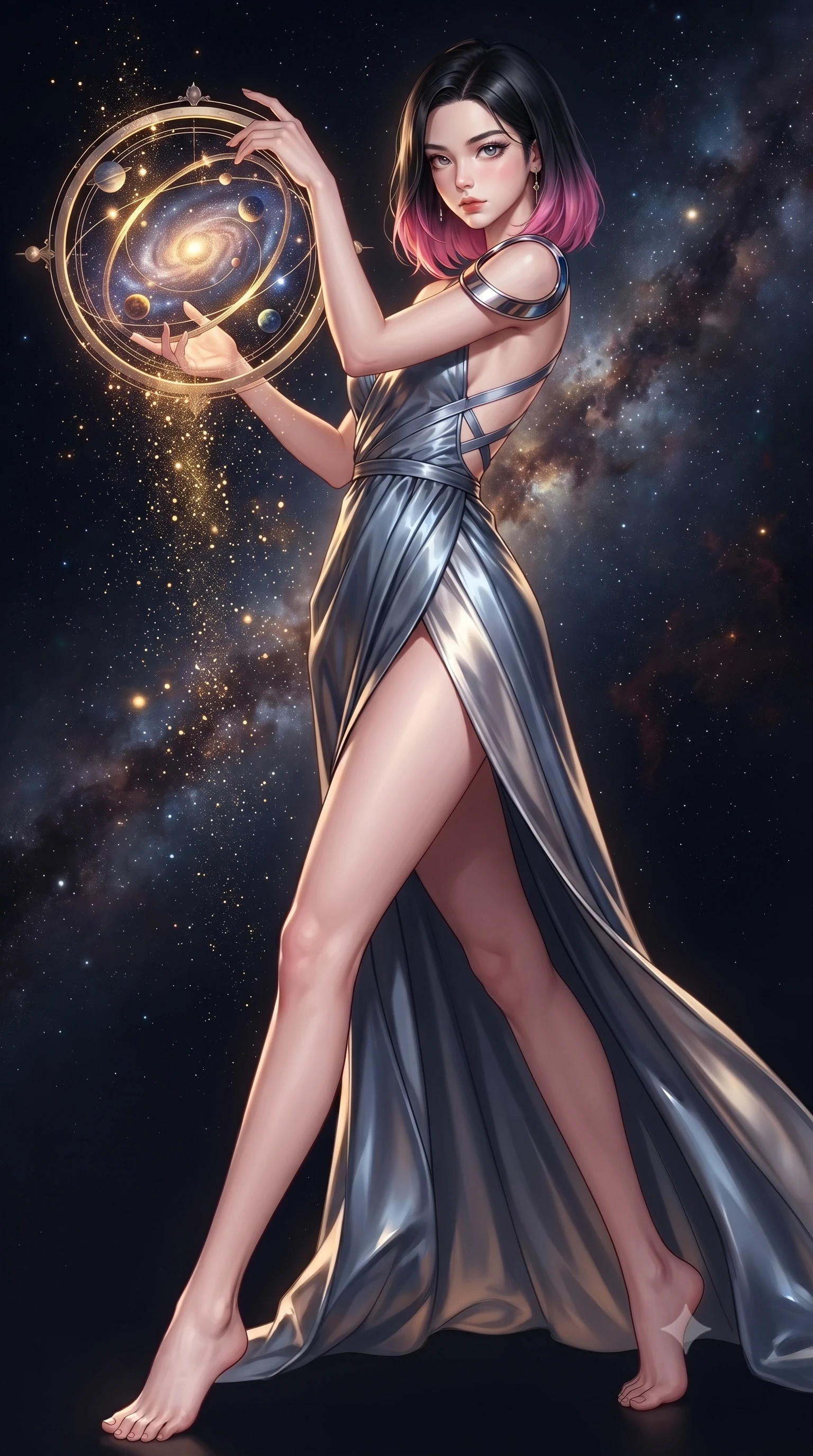 score_9, masterpiece, best quality, ultra-detailed, high-budget anime keyframe, editorial fashion photography, tasteful artistic composition, Korean woman. low angle full-body shot from head to toe showing her feet, filling the entire 9:16 vertical frame with her statuesque presence, stretching her vertical silhouette. forging dynamically through the scene, her vertical silhouette beautifully stretched adjusting a luminous planetary orbital dial filled with galaxy dust, starlight particles falling like a golden shower around her. She has an absolutely perfect, statuesque 8.5-heads proportion, an exceptionally tall and slender model-like female figure with impossibly long slender legs and an ultra-slim waist. sharp v-shaped jawline, high-bridge nose, intricate jewel-like eyes with depth, thick eyelashes, glossy lips with a natural sheen. wearing an asymmetrical Grecian draped chiffon gown with a metallic shoulder ring in slate blue and metallic silver, tailored from high-gloss patent leather, complemented by criss-cross back straps highlighting her bare shoulders, the sleek second-skin texture accentuating her magnetic presence. illuminated by brilliant starlight and warm golden inner glow from the astrolabe. highly saturated vibrant anime colors, detailed shading with soft gradients, rich glossy textures, high-contrast stereoscopic depth, volumetric dynamic lighting, master piece, 9:16 ratio