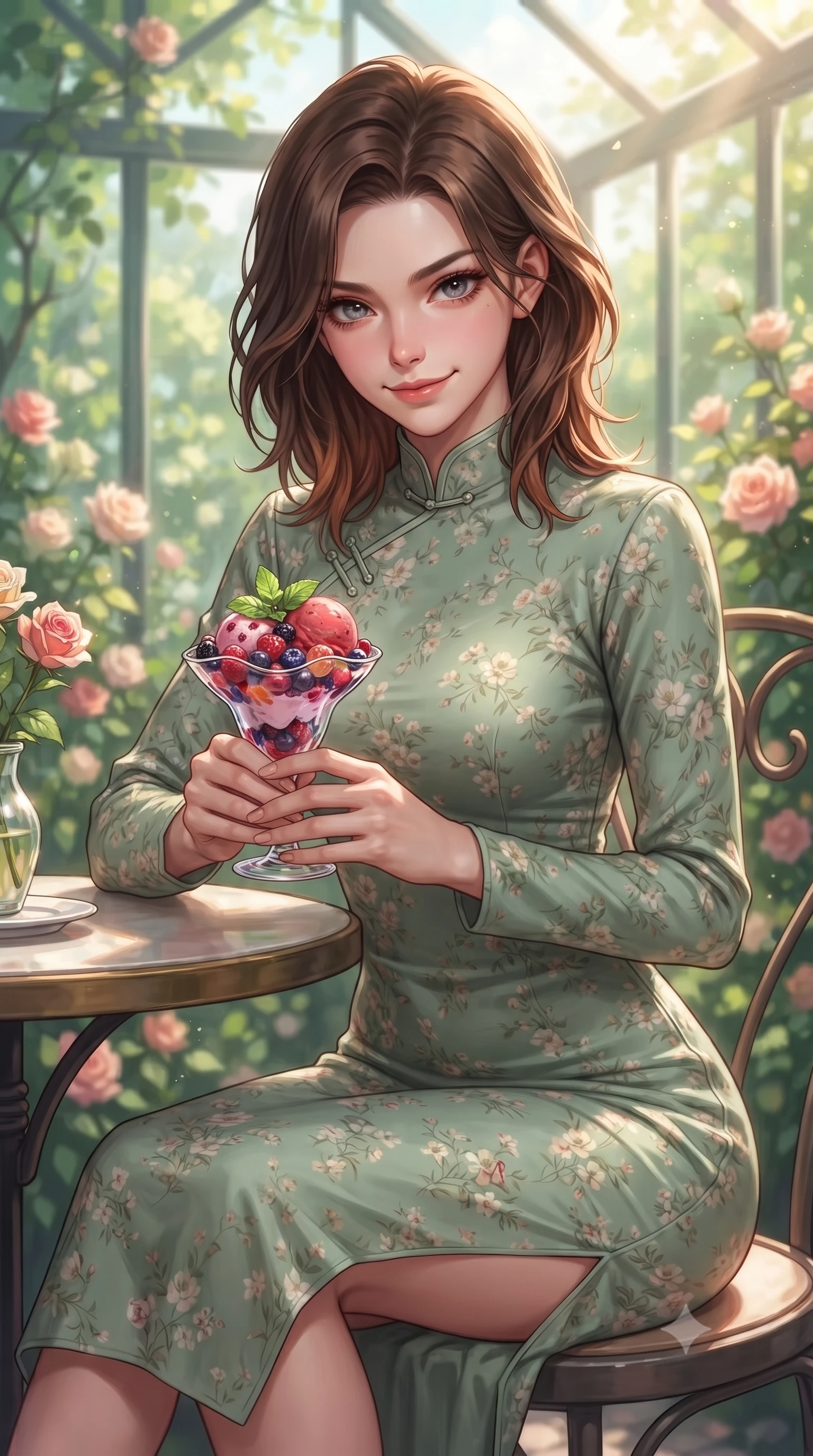 score_9, masterpiece, best quality, ultra-detailed, high-budget anime keyframe, editorial fashion photography, tasteful artistic composition, Korean woman. close-up cowboy shot from the waist and thighs up, the character dominates the composition, filling the frame with her large presence, background elements kept in soft focus. leaning slightly forward with a playful, sultry smile that holds direct, intense eye contact set against a soft-focus background of in a quiet corner table of a glass-walled garden cafe surrounded by roses holding a colorful ice cream coupe with fresh berries and mint. She has an exceptionally elegant, slender, and willowy female figure with an ultra-slim waist, a gracefully sculpted slender torso, and a refined silhouette. sharp v-shaped jawline, high-bridge nose, intricate jewel-like eyes with depth, thick eyelashes, glossy lips with a natural sheen. wearing body-hugging lovely floral print midi dress in sage green, featuring a high collar and long sleeves. warm morning sunbeams filtering through the large front glass windows. highly saturated vibrant anime colors, detailed shading with soft gradients, rich glossy textures, high-contrast stereoscopic depth, volumetric dynamic lighting, master piece, 9:16 ratio