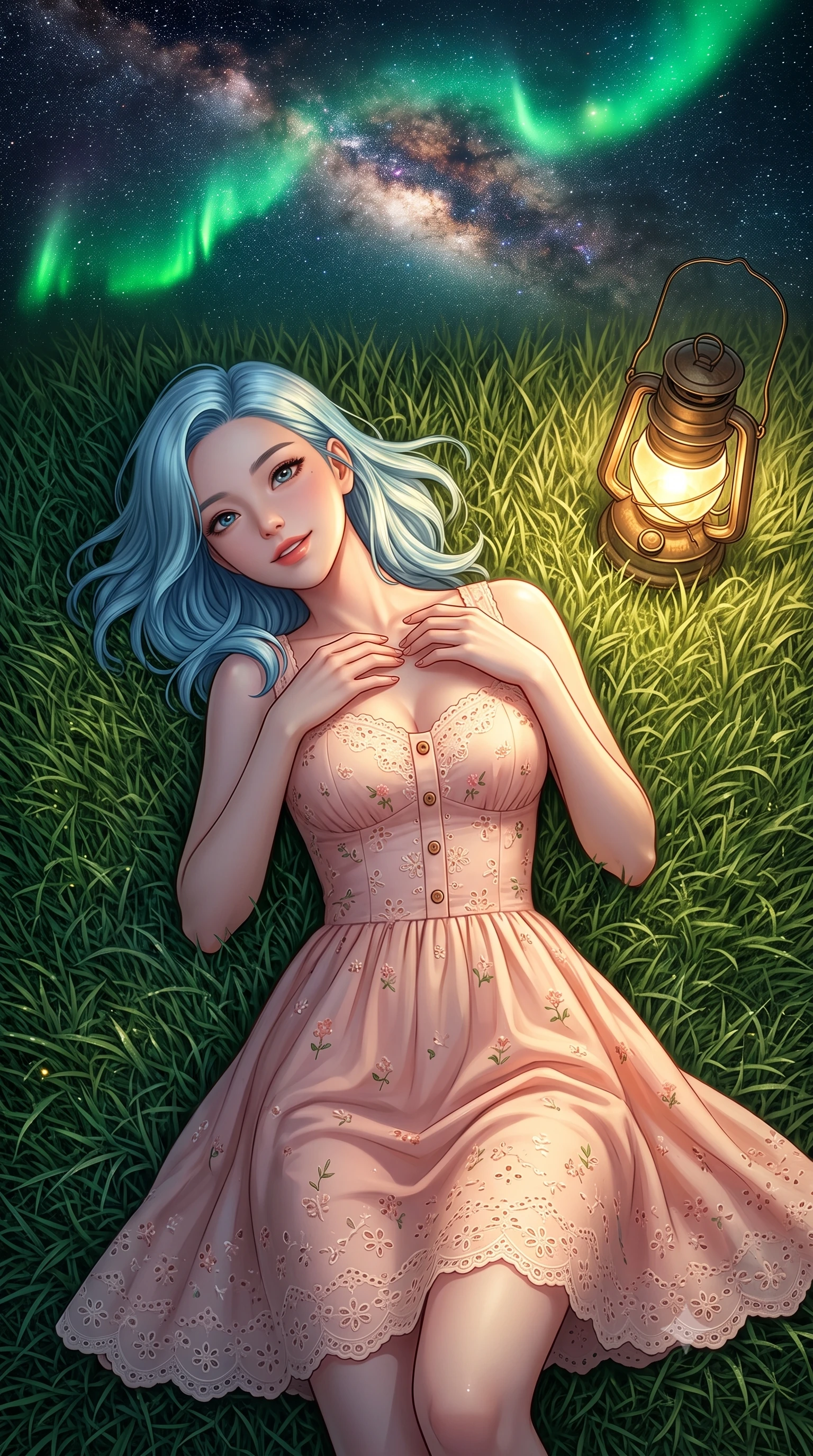 score_9, masterpiece, best quality, ultra-detailed, high-budget anime keyframe, semi-realistic 3D game render, editorial fashion photography, tasteful artistic composition, Korean woman. close-up cowboy shot from the waist and thighs up, the character dominates the composition, filling the frame with her large presence. holding her hands loosely near her heart with an enchanting, affectionate gaze looking directly into the lens while lying on the soft grass looking up at dancing emerald aurora borealis waves with a dreamy, affectionate smile. The surrounding environment is rendered in vivid detail and crisp panoramic clarity. intricate brass lantern details, dew-kissed grass blades, and vivid galactic dust lanes in panoramic clarity. She has an exceptionally elegant, slender, and willowy female figure with an ultra-slim waist, a gracefully sculpted slender torso, toned flat midriff, and a refined slim silhouette. sharp v-shaped jawline, high-bridge nose, intricate jewel-like eyes with depth, thick eyelashes, glossy lips with a natural sheen, pure and lovely fresh girlhood expression, flawlessly proportioned anatomical accuracy, strict slender model proportions, natural body alignment, perfectly sculpted long slender limbs, ultra-slim waistline, clean dynamic posture without body distortion. wearing an airy eyelet lace cotton midi dress with a sweetheart neckline and wooden front buttons in warm peach blossom pink and champagne ivory, tailored from crisp organic cotton poplin, complemented by subtle floral embroidery along the neckline and hem, the soft airy drape swaying gracefully with her dynamic movements, emphasizing her tall willowy build and slim waistline. illuminated by soft celestial starlight and lantern rim light defining her slender, elegant silhouette. highly saturated vibrant anime colors, detailed shading with soft gradients, rich glossy textures, high-contrast stereoscopic depth, volumetric dynamic lighting, master piece, 9:16 ratio