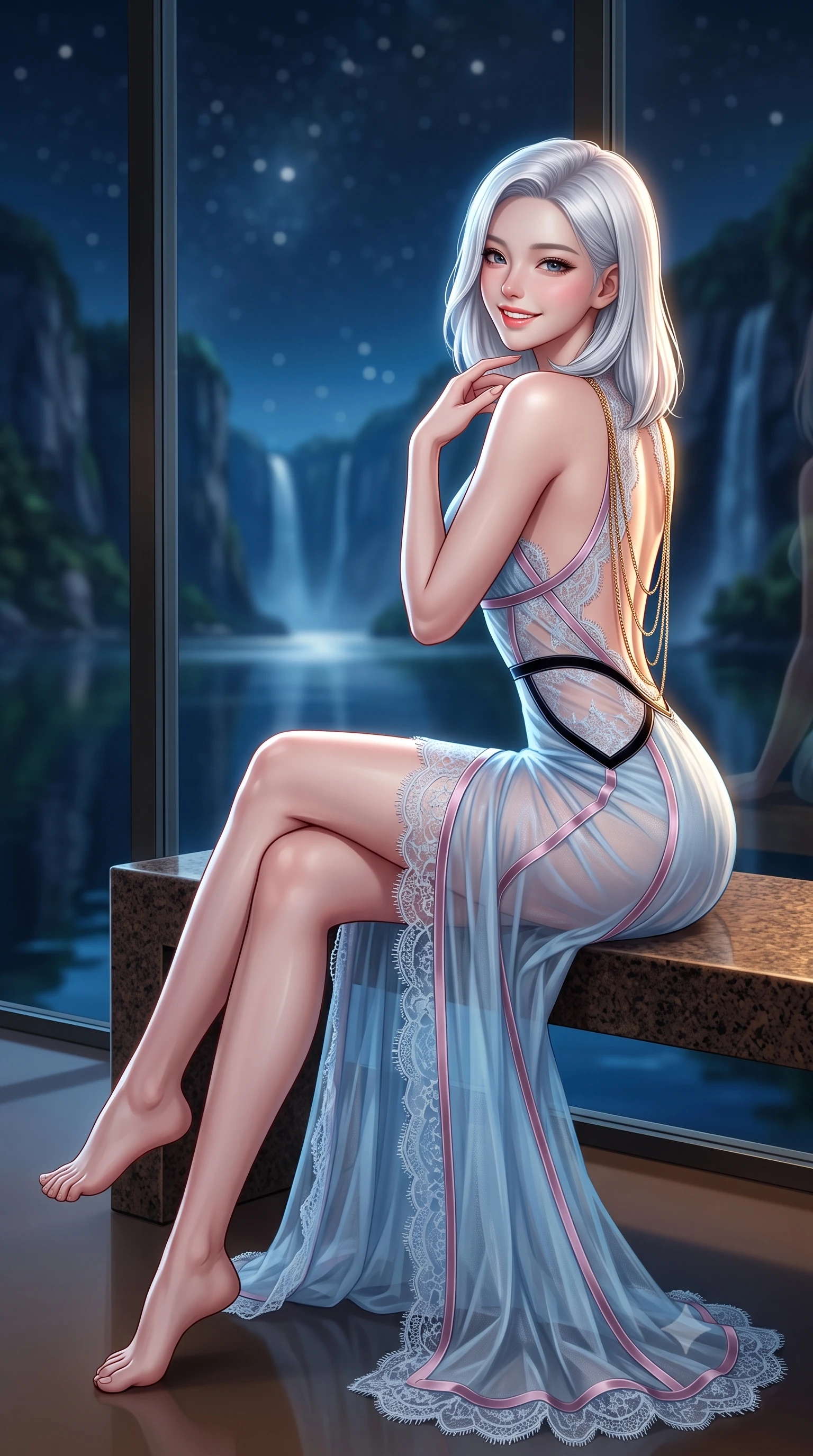score_9, masterpiece, best quality, ultra-detailed, high-budget anime keyframe, semi-realistic 3D game render, editorial fashion photography, tasteful artistic composition, Korean woman. low angle full-body shot from head to toe showing her feet, filling the entire 9:16 vertical frame with her statuesque presence, stretching her vertical silhouette. posing in a classic haute-couture S-curve stance beside the floor-to-ceiling window, looking over a bare shoulder with magnetic presence while sitting gracefully on the warm granite bench with legs crossed, running one manicured hand slowly along her neck with magnetic allure. The background shows a soft-focus glassy surface of the deep fjord reflecting moonlit vertical cliffs, cascading distant waterfalls, and starry night sky blurred into sapphire, emerald, and charcoal bokeh. She has an exceptionally tall and slender model-like 8.5-heads proportion, an ultra-slim waist, a flat toned midriff, narrow delicate ribcage, and beautifully sculpted feminine hips creating a graceful, slim hourglass silhouette without any bulky heaviness, with impossibly long slender legs. sharp v-shaped jawline, high-bridge nose, intricate jewel-like sparkling eyes with depth, thick eyelashes, glossy parted lips with a natural peach sheen, bright cheerful beaming smile with an enchanting and coquettish sensual glint, exuding both youthful cute charm and seductive allure, flawlessly proportioned anatomical accuracy, strict slender model proportions, natural body alignment, perfectly sculpted long slender limbs, ultra-slim waistline, clean dynamic posture without body distortion. wearing a provocative semi-sheer icy blue tulle cocktail dress with velvet ribbon piping contouring her narrow waist and hips in Kyoto moonlit sakura blush and polished urushi black, made of delicate semi-sheer French Chantilly lace with intricate eyelash edges, accented with an open-back drape framed by falling strands of delicate gold chains, the liquid-tight tailored fabric clinging flawlessly to her narrow waist and rounded feminine hips, emphasizing every millimeter of her sculpted slim hourglass curves without any bulky heaviness. illuminated by still water mirror bounce and sharp platinum-gold rim lights sculpting her features, flat midriff, and slender waist. highly saturated vibrant anime colors, detailed shading with soft gradients, rich glossy textures, high-contrast stereoscopic depth, volumetric dynamic lighting, master piece, 9:16 ratio