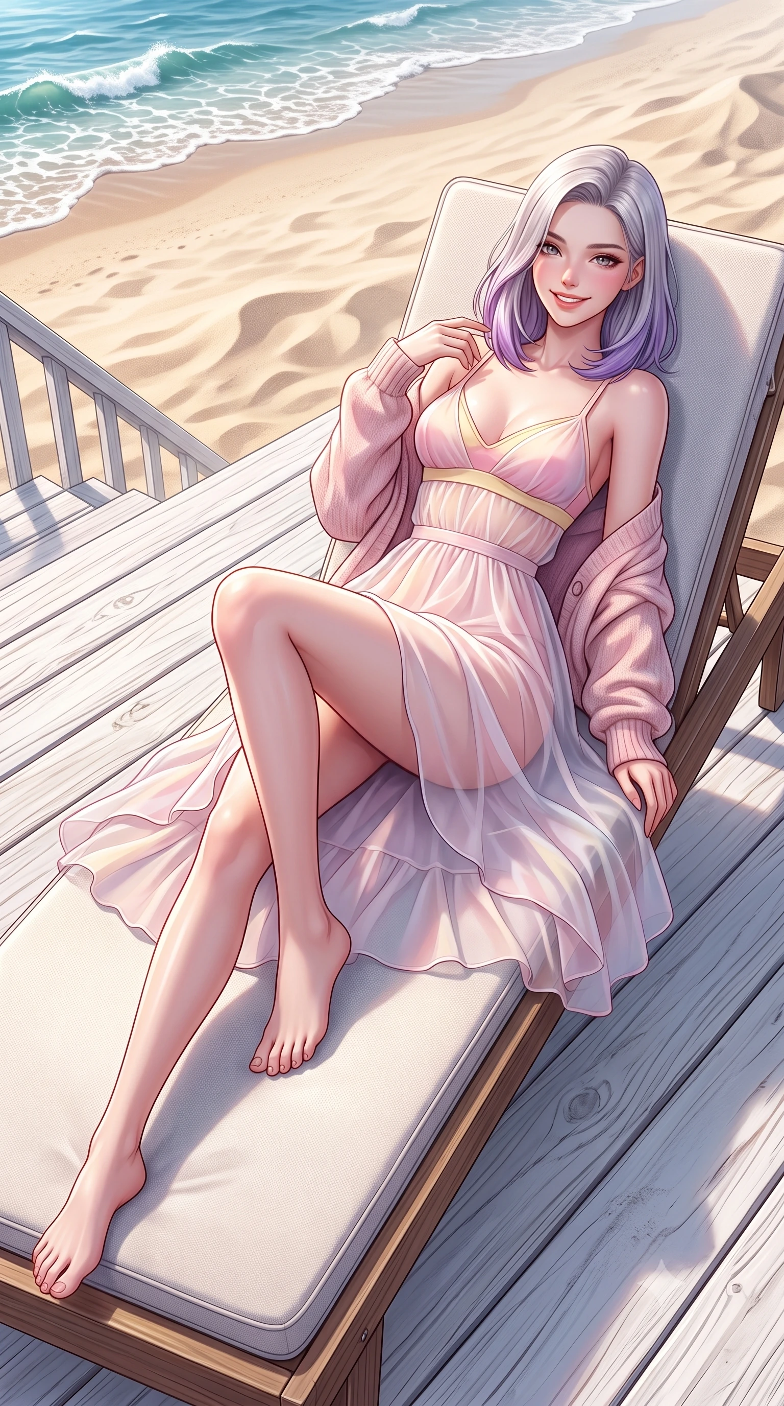 score_9, masterpiece, best quality, ultra-detailed, high-budget anime keyframe, semi-realistic 3D game render, editorial fashion photography, tasteful artistic composition, Caucasian woman. low angle full-body shot from head to toe showing her feet, filling the entire 9:16 vertical frame with her statuesque presence, stretching her vertical silhouette. reclining languidly on her side across the sunbed with one knee drawn up, her radiant smile and arched hip curve commanding the 9:16 vertical frame with youthful sensual charisma while walking gracefully down the private beach boardwalk steps with a beaming smile, her breezy resort wear hugging her narrow waist and hips. The surrounding environment is rendered in vivid detail and crisp panoramic clarity. sharp weathered white timber grain, sand dune textures, and ocean wave crest caustics in deep focus. She has an exceptionally tall and slender model-like 8.5-heads proportion, an ultra-slim waist, a flat toned midriff, narrow delicate ribcage, and beautifully sculpted feminine hips creating a graceful, slim hourglass silhouette without any bulky heaviness, with impossibly long slender legs. sharp v-shaped jawline, high-bridge nose, intricate jewel-like sparkling eyes with depth, thick eyelashes, glossy parted lips with a natural peach sheen, bright cheerful beaming smile with an enchanting and coquettish sensual glint, exuding both youthful cute charm and seductive allure, flawlessly proportioned anatomical accuracy, strict slender model proportions, natural body alignment, perfectly sculpted long slender limbs, ultra-slim waistline, clean dynamic posture without body distortion. wearing a delicate semi-sheer chiffon sun-slip dress layered over a matching pastel bralette, hugging her slender waist and hips in sweet strawberry milk pink and butter yellow, woven from layered gossamer organza with weightless flutter, complemented by an oversized soft knit cardigan slipping off one bare shoulder, the high-waisted tailoring accentuating her ultra-slim waistline and the enchanting curve of her feminine hips with alluring charm. illuminated by intense specular sea foam reflections sharply sculpting her razor-sharp jawline, narrow waist, and curvy hips. highly saturated vibrant anime colors, detailed shading with soft gradients, rich glossy textures, high-contrast stereoscopic depth, volumetric dynamic lighting, master piece, 9:16 ratio