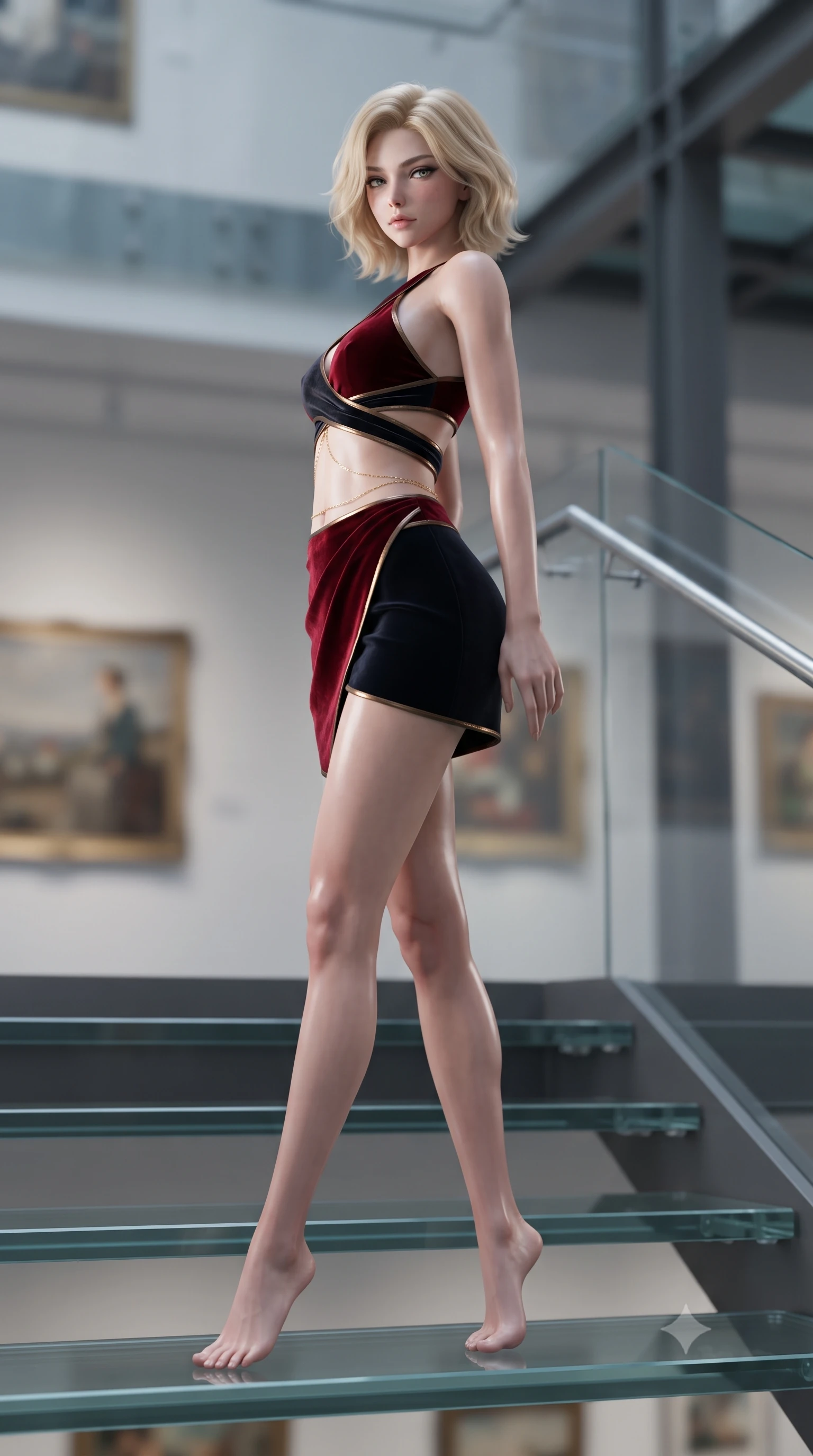 score_9, masterpiece, best quality, ultra-detailed, high-budget anime keyframe, editorial fashion photography, tasteful artistic composition, Caucasian woman. low angle full-body shot from head to toe showing her feet, filling the entire 9:16 vertical frame with her statuesque presence, stretching her vertical silhouette. executing a slow, graceful pivot turn as her skirt sways around her slender legs, glancing back with an enchanting, teasing sensual expression while standing poised on the transparent glass stair treads hovering in mid-air, arching her spine with breathtaking supermodel vertigo. The background shows a soft-focus distant gallery paintings softened in high-tech architectural shallow focus. She has an absolutely perfect, statuesque 8.5-heads proportion, an exceptionally tall and slender model-like female figure with impossibly long slender legs, an ultra-slim waist, a flat toned midriff, narrow delicate ribcage, and beautifully sculpted feminine hips creating a graceful, slim hourglass silhouette without any bulky heaviness. sharp v-shaped jawline, high-bridge nose, sparkling eyes with hypnotic seductive depth, thick curled eyelashes, glossy parted lips with a natural dewy peach sheen, alluring bedroom-eyes with an enchanting coquettish smile, exuding magnetic siren charisma and sophisticated glamour, flawlessly proportioned anatomical accuracy, strict slender model proportions, natural body alignment, perfectly sculpted long slender limbs, ultra-slim waistline, clean dynamic posture without body distortion. wearing a high-waisted architectural wrap mini skirt with clean structural lines paired with a plunging criss-cross crop top in deep blood-red velvet and midnight obsidian black with antique bronze trims, crafted from fluid liquid silk satin that clings smoothly to every curve with a dewy sheen, accented with a dainty gold belly chain resting across her flat midriff and curving hips, the glove-like clinging cut tightly following the natural contour of her hips and long slender legs with youthful 8.5-heads elegance. illuminated by glass refraction bounce and sharp platinum rim lights sculpting her razor-sharp jawline, narrow waist, and curvy hips. ultra-reflective glossy finish, specular highlights, rich textural contrasts, high-contrast stereoscopic depth, volumetric dynamic lighting, 2k, ultra detail, master piece, 9:16 ratio