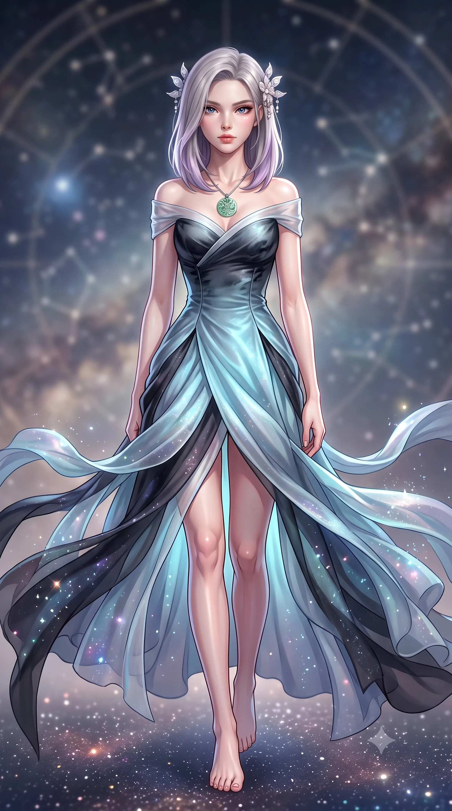 score_9, masterpiece, best quality, ultra-detailed, high-budget anime keyframe, semi-realistic 3D game render, editorial fashion photography, tasteful artistic composition, Caucasian woman. low angle full-body shot from head to toe showing her feet, filling the entire 9:16 vertical frame with her statuesque presence, stretching her vertical silhouette. striding forward in a proud, dynamic supermodel runway stride, her statuesque vertical silhouette commanding the entire frame while hovering suspended in the center of a celestial star map with an indomitable, radiant gaze locking onto the viewer. The composition keeps background elements in soft focus with creamy bokeh. glowing starlight flecks and iridescent fabric sparkles scattering cosmic radiant light motes. She has an absolutely perfect, statuesque 8.5-heads proportion, an exceptionally tall and slender model-like female figure with impossibly long slender legs, a toned flat midriff, and an ultra-slim waist. sharp v-shaped jawline, high-bridge nose, intricate jewel-like eyes with depth, thick eyelashes, glossy lips with a natural sheen, captivating and magnetic expression, flawlessly proportioned anatomical accuracy, strict slender model proportions, natural body alignment, perfectly sculpted long slender limbs, ultra-slim waistline, clean dynamic posture without body distortion. wearing a celestial lotus-inspired layered chiffon gown with an exposed clavicle bodice in dark ink-wash black and radiant moonlight cyan, crafted from traditional Korean gossamer silk organza with pearlescent luster, accented with mother-of-pearl hair ornaments and a carved jade pendant, the glove-like aerodynamic second-skin fit tightly clinging to her ultra-slender waist and athletic curves without adding bulk, accentuating her razor-sharp statuesque lines and slim hourglass silhouette. illuminated by crisp specular highlights tracing her ultra-slim waist, toned midriff, and long slender limbs. highly saturated vibrant anime colors, detailed shading with soft gradients, rich glossy textures, high-contrast stereoscopic depth, volumetric dynamic lighting, master piece, 9:16 ratio