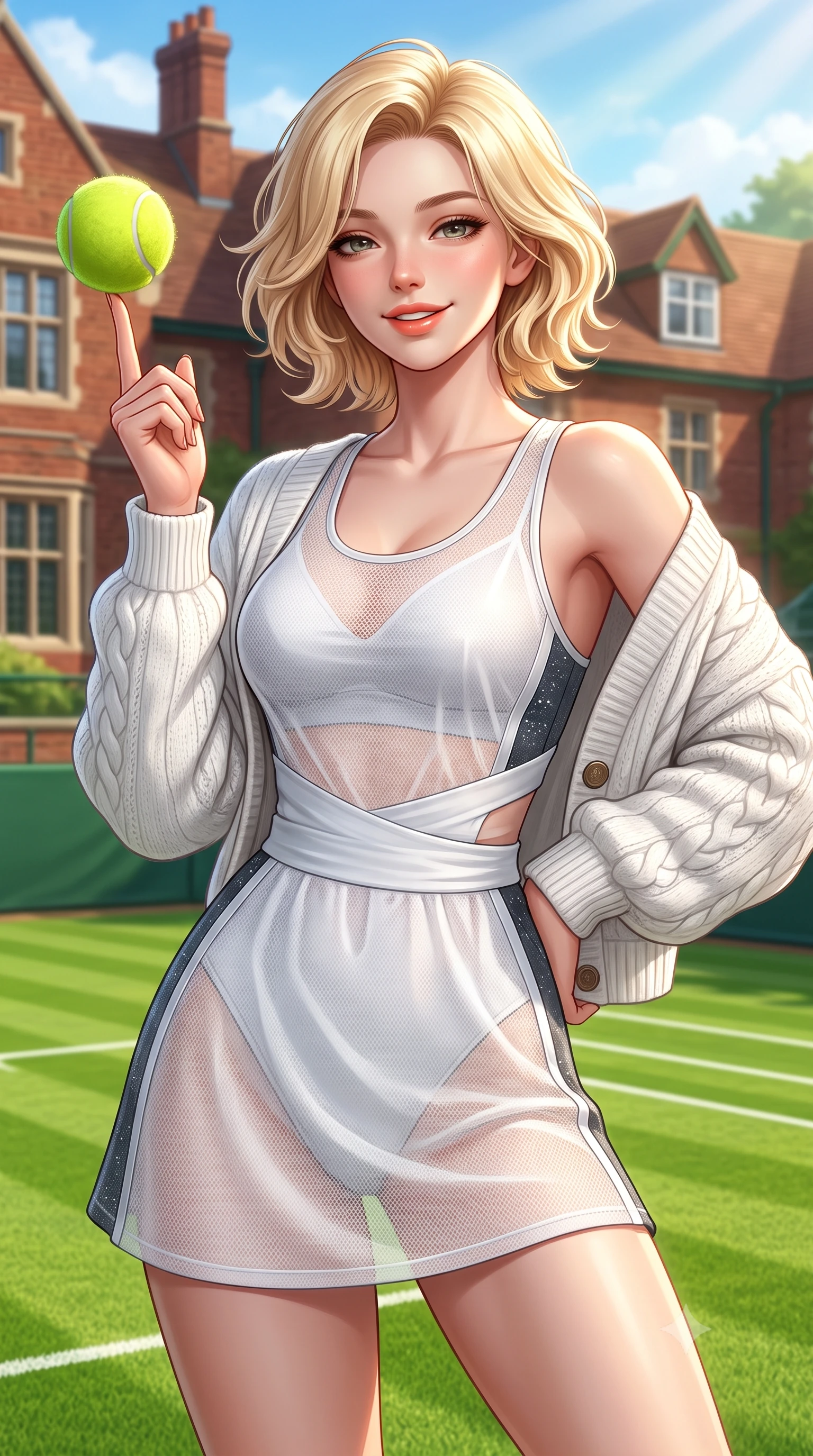 score_9, masterpiece, best quality, ultra-detailed, high-budget anime keyframe, semi-realistic 3D game render, editorial fashion photography, tasteful artistic composition, Caucasian woman. close-up cowboy shot from the waist and thighs up, the character dominates the composition, filling the frame with her large presence. playfully spinning a tennis ball on her fingertips, her radiant smile capturing fresh girlhood charm while her arched torso reveals an intoxicating hip contour while twisting her slender torso in an alluring contrapposto stance, English summer sunbeams highlighting her crisp white tennis fit and curvy hips. The surrounding environment is rendered in vivid detail and crisp panoramic clarity: detailed white cable-knit texture, sunburst highlights on hair, and Wimbledon heritage architecture in razor-sharp precision. She has an exceptionally elegant, slender, and willowy female figure with an ultra-slim waist, flat toned midriff, narrow ribcage, and sculpted feminine hips creating an alluring, slim hourglass silhouette without bulk. sharp v-shaped jawline, high-bridge nose, sparkling eyes with athletic focus and depth, thick curled eyelashes, glossy parted lips with a natural coral-peach sheen, bright confident and coquettish smile with alluring bedroom-eyes, exuding both youthful sporty vigor and sovereign high-society glamour, flawlessly proportioned anatomical accuracy, strict slender model proportions, natural body alignment, perfectly sculpted long slender limbs, ultra-slim waistline, clean dynamic posture without body distortion. wearing a delicate semi-sheer white mesh tennis slip dress layered over a matching sports bra, hugging her slender waist and hips in speedway charcoal slate and optic white accents, woven from metallic lurex and technical nylon with subtle starlight glints, complemented by an oversized cashmere knit cardigan slipping off one bare shoulder, the high-waisted wrap tailoring accentuating her ultra-slim waistline and the enchanting curve of her feminine hips with alluring sporty charm. illuminated by emerald grass bounce fill and crisp white-gold rim lighting defining her sculpted collarbones, ultra-slim waist, and curvy hips. highly saturated vibrant anime colors, detailed shading with soft gradients, rich glossy textures, high-contrast stereoscopic depth, volumetric dynamic lighting, master piece, 9:16 ratio