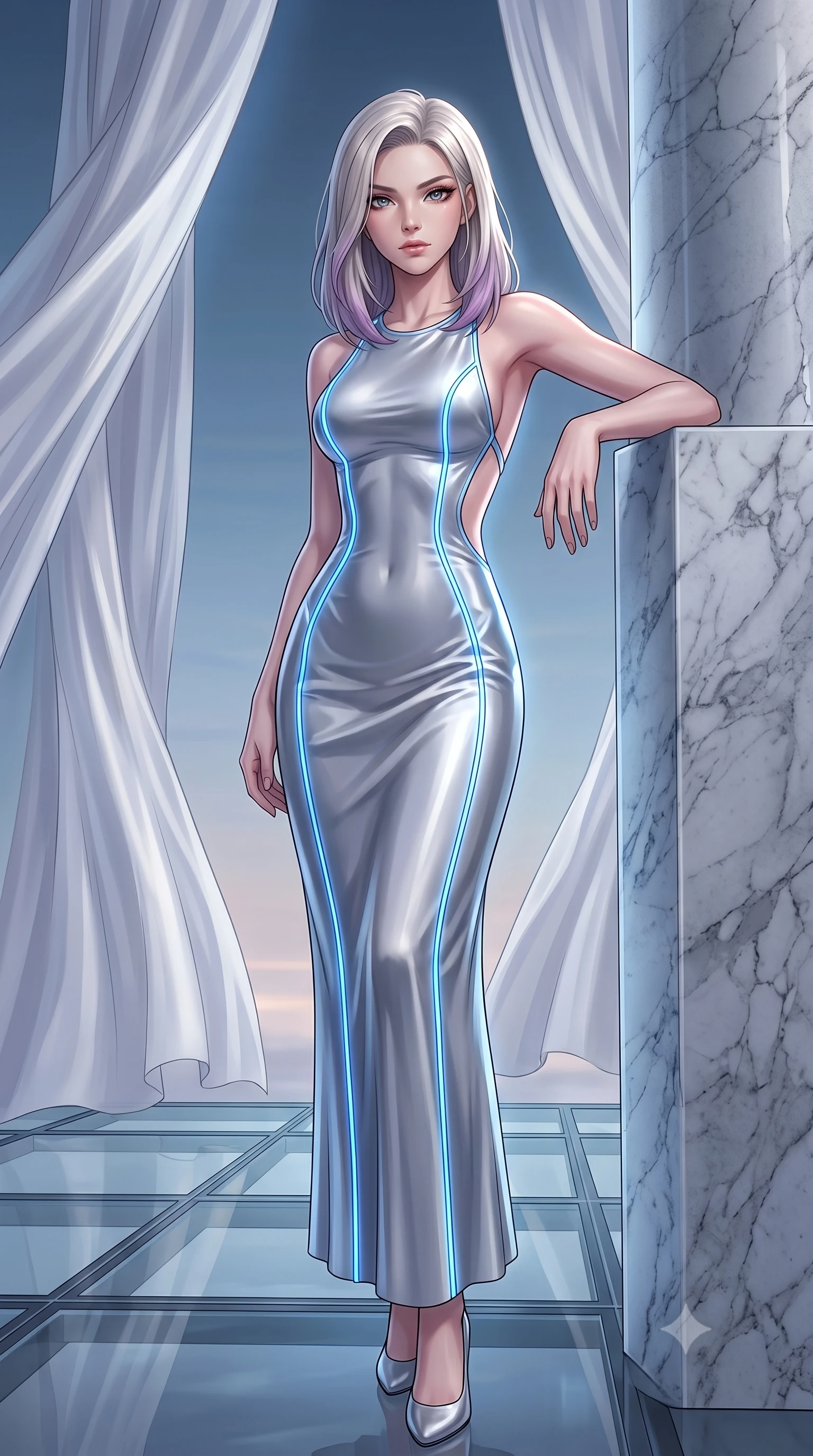 score_9, masterpiece, best quality, ultra-detailed, High-budget Anime Keyframe, Caucasian woman, strictly human ears. Low angle cowboy shot filling the entire 9:16 frame with her statuesque presence. Scenario 287: leaning against a cold marble pillar inside a luxury sky-lounge with floating glass platforms and white silk drapes. Her presence is magnetic and overpowering in this high-budget anime scene. Outfit 287: a tailored molten liquid silk long with a backless design and glowing LED seams. The clothing is designed to emphasize her exceptionally tall and slender 8-heads proportion. 8-heads proportion, towering silhouette, ultra-slim waist. sharp v-shaped jawline, intricate jewel-like eyes with depth, thick eyelashes, glossy lips. 2k, ultra detail, master piece, 9:16 ratio