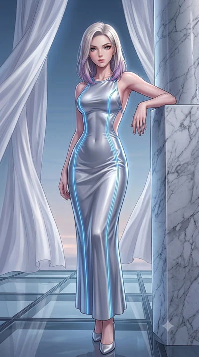 score_9, masterpiece, best quality, ultra-detailed, High-budget Anime Keyframe, Caucasian woman, strictly human ears. Low angle cowboy shot filling the entire 9:16 frame with her statuesque presence. Scenario 287: leaning against a cold marble pillar