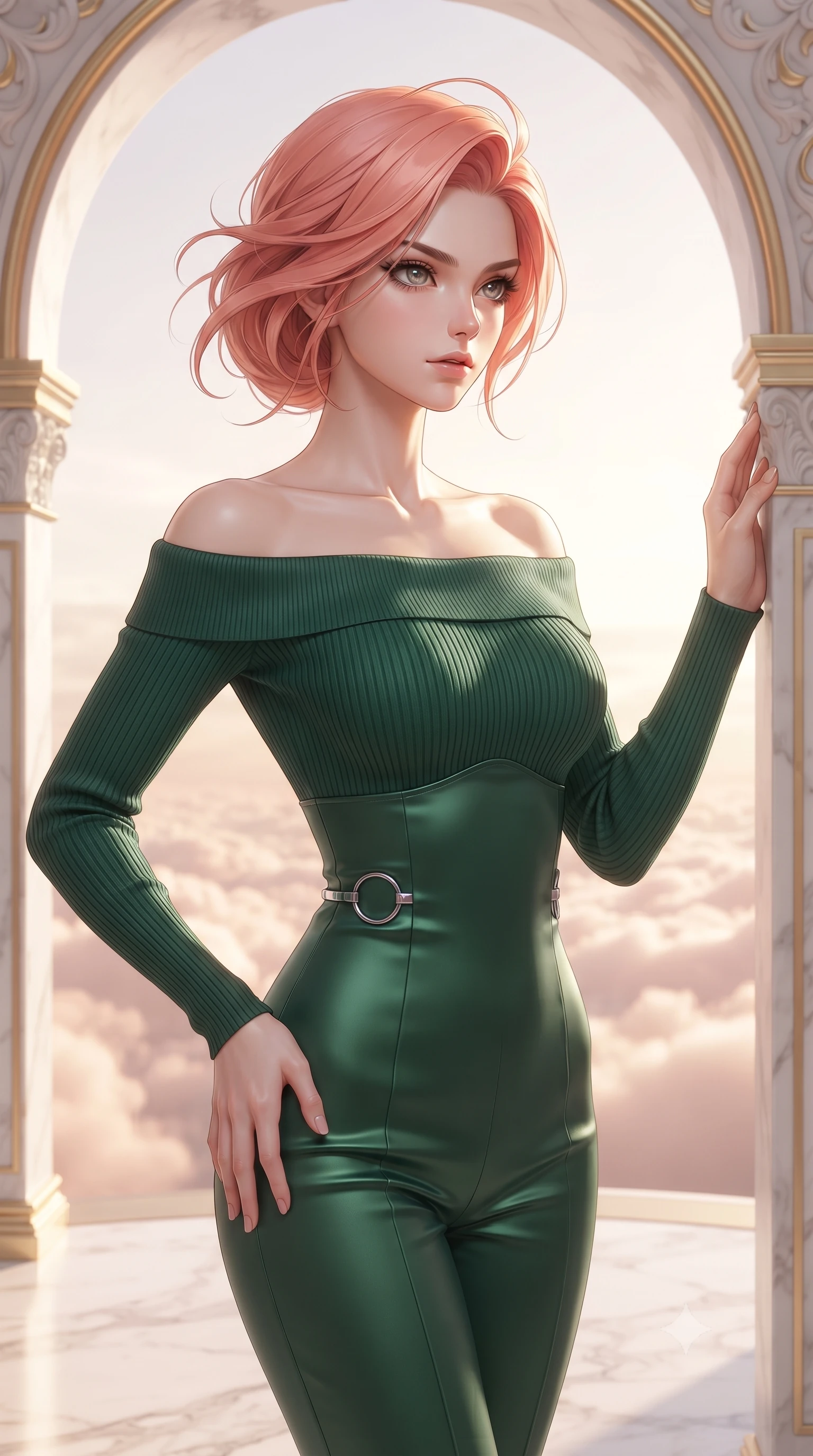 score_9, masterpiece, best quality, ultra-detailed, high-budget anime keyframe, editorial fashion photography, tasteful artistic composition, Japanese woman. close-up cowboy shot from the waist and thighs up, the character dominates the composition, filling the frame with her large presence, background elements kept in soft focus. Gazing past the camera with an air of effortless elegance and mysterious confidence standing on a floating white marble terrace above a sea of rose-gold clouds, opulent gold-leaf trim and carved ivory archways framed beautifully. She has an exceptionally elegant, slender, and willowy female figure with an ultra-slim waist, a gracefully sculpted slender torso, and a refined silhouette. sharp v-shaped jawline, high-bridge nose, intricate jewel-like eyes with depth, thick eyelashes, glossy lips with a natural sheen. wearing a sleek off-shoulder ribbed knit top paired with high-waist tailored pants in deep emerald green and silver accent, crafted from smooth liquid silk, accented with delicate chrome ring hardware framing her waist, the elegant draped fit framing her graceful clavicle and slender torso. lit by brilliant warm key light softening into smooth, elegant gradients. ultra-reflective glossy finish, specular highlights, metallic sheen, high-contrast stereoscopic depth, volumetric dynamic lighting, 2k, ultra detail, master piece, 9:16 ratio