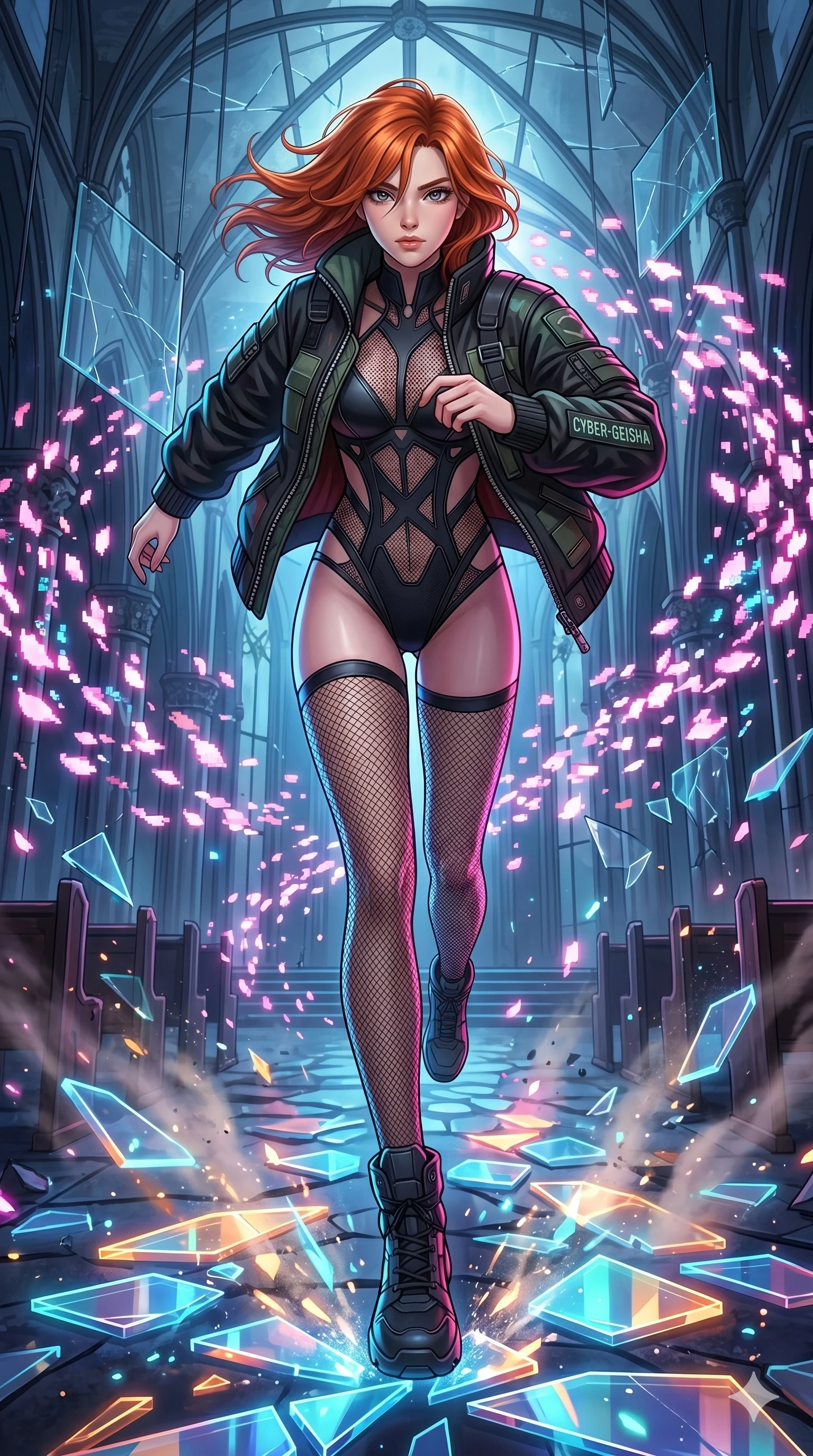 score_9, masterpiece, best quality, ultra-detailed, Set A: High-budget Anime Keyframe, Caucasian (strictly human ears) woman. Low angle cowboy shot filling the entire 9:16 frame with her statuesque presence. Sprinting through a shattered glass cathedral, as the ground beneath her turns into 21 shards of light and surrounded by digital sakura petals. She has an absolutely perfect 8-heads proportion, an exceptionally tall and slender female figure with impossibly long slender legs and an ultra-slim waist. Sharp v-shaped jawline, high-bridge nose, intricate jewel-like eyes with depth, thick eyelashes, glossy lips with a natural sheen. Wearing Heavy tactical bomber jacket worn over a micro-bodysuit with mesh stockings. Cinematic lighting, vibrant colors, dramatic shadows, 2k, ultra detail, master piece, 9:16 ratio
