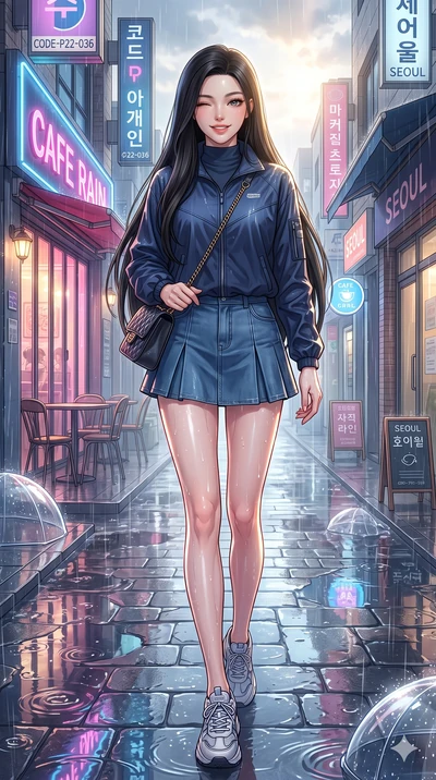 score_9, masterpiece, best quality, ultra-detailed, high-budget anime keyframe, vibrant anime aesthetic, Korean woman. low angle full-body shot from head to toe showing her feet, filling the entire 9:16 vertical frame with her statuesque presence, st