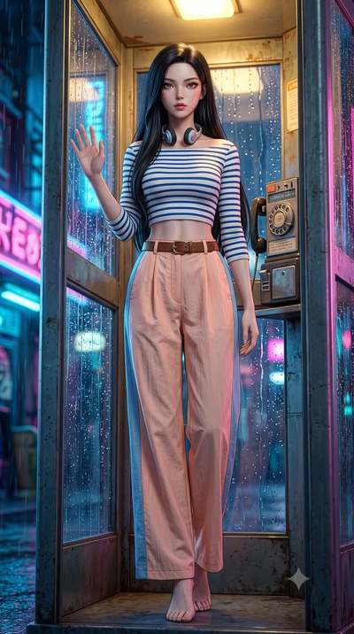 score_9, masterpiece, best quality, ultra-detailed, high-budget anime keyframe, semi-realistic 3D game render, editorial fashion photography, tasteful artistic composition, Korean woman. low angle full-body shot from head to toe showing her feet, fil