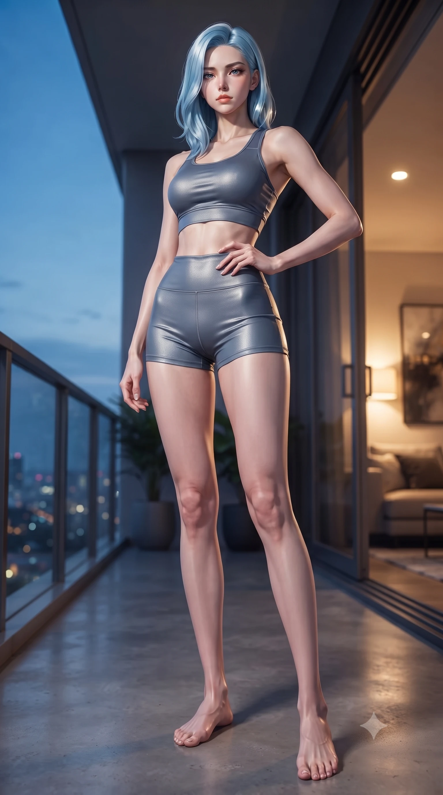 score_9, masterpiece, best quality, ultra-detailed, high-budget anime keyframe, editorial fashion photography, tasteful artistic composition, Korean woman woman. low angle full-body shot from head to toe showing her feet, filling the entire 9:16 vertical frame with her statuesque presence, stretching her vertical silhouette. posing confidently with one hand on her hip, stretching her statuesque body to emphasize her curves the background shows a soft-focus a modern apartment balcony overlooking a distant glittering city skyline at dusk. She has an absolutely perfect, statuesque 8.5-heads proportion, an exceptionally tall and slender model-like female figure with impossibly long slender legs and an ultra-slim waist. sharp v-shaped jawline, high-bridge nose, intricate jewel-like eyes with depth, thick eyelashes, glossy lips with a natural sheen. wearing a body-hugging body-hugging athletic crop top and high-waisted shorts set in slate grey. the cool blue twilight sky contrasting with the warm golden lights of the room inside. ultra-reflective glossy finish, specular highlights, metallic sheen, high-contrast stereoscopic depth, volumetric dynamic lighting, 2k, ultra detail, master piece, 9:16 ratio
