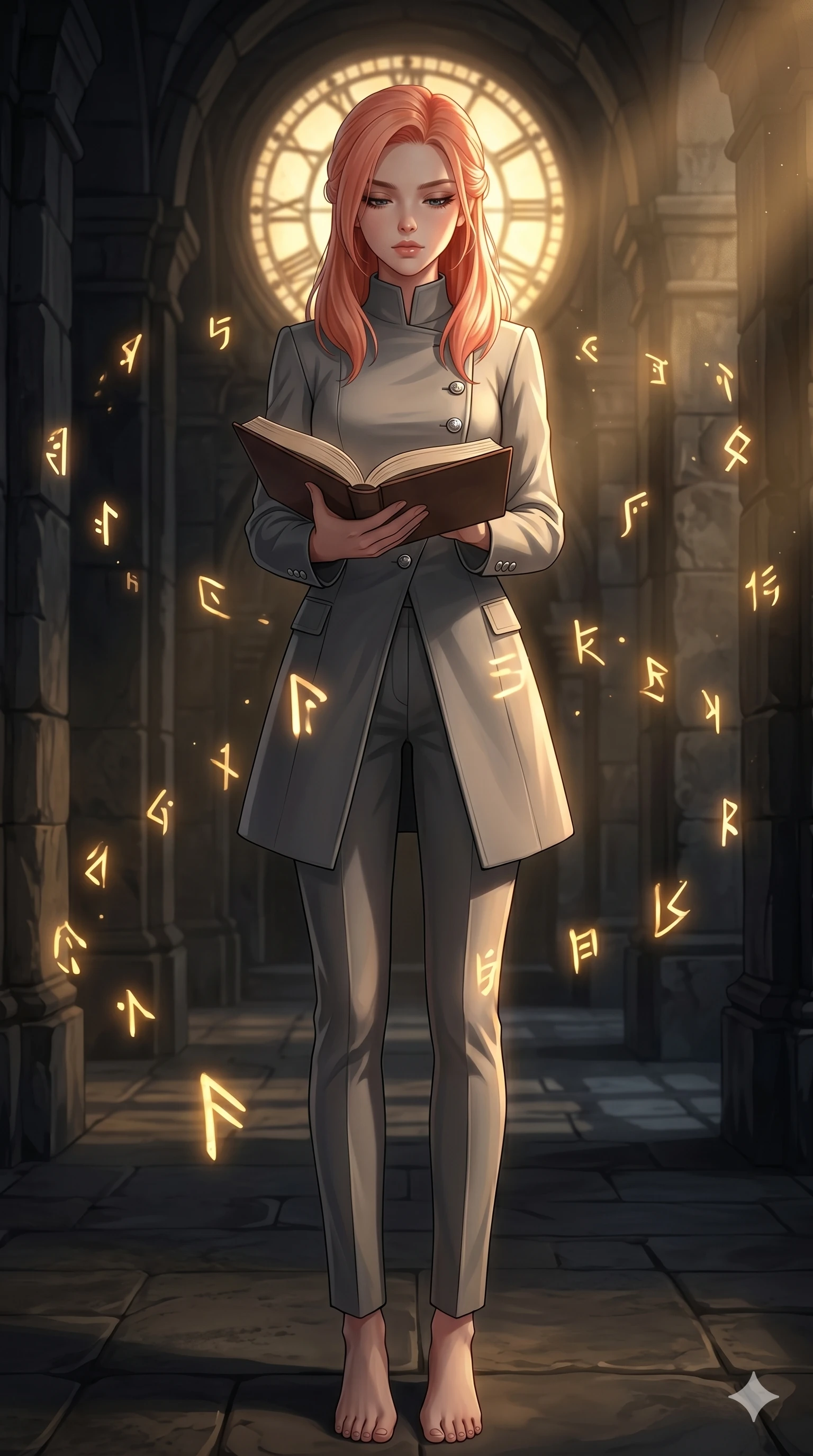 score_9, masterpiece, best quality, ultra-detailed, high-budget anime keyframe, editorial fashion photography, tasteful artistic composition, Japanese woman. low angle full-body shot from head to toe showing her feet, filling the entire 9:16 vertical frame with her statuesque presence, stretching her vertical silhouette. holding an open book, looking down with lowered lashes in a composed, intellectual gesture inside a stone temple corridor filled with floating glowing golden runes (Code-P18-044). She has an absolutely perfect 8-heads proportion, an exceptionally tall and slender female figure with impossibly long slender legs and an ultra-slim waist. V-shaped jawline, high-bridge nose, intricate jewel-like eyes with depth, thick eyelashes, glossy lips with a natural sheen. wearing a structured high-neck coat with silver buttons and tailored pants. dramatic chiaroscuro with a single golden key light filtering through the clock face. 2k, ultra detail, master piece, 9:16 ratio