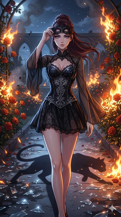 score_9, masterpiece, best quality, ultra-detailed, Set A: High-budget Anime Keyframe, Caucasian (strictly human ears) woman. Low angle cowboy shot filling the entire 9:16 frame with her statuesque presence. Adjusting a mask through a burning rose ga