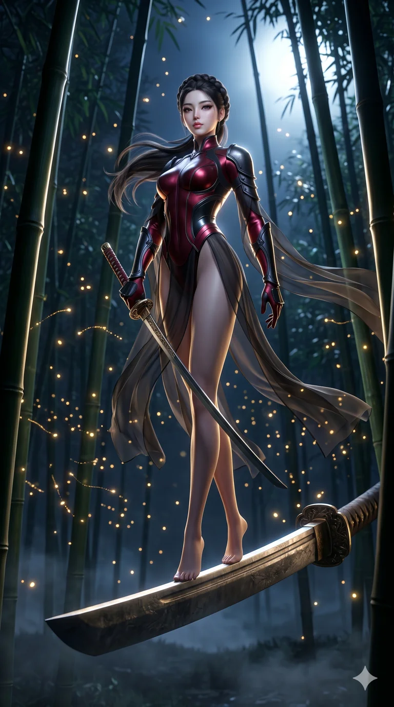 score_9, masterpiece, best quality, ultra-detailed, semi-realistic high-budget 3D game render, an incredibly beautiful Korean woman. Dynamic low angle cowboy shot filling the entire 9:16 frame with her statuesque presence. She is a blade dancer standing on the edge of a giant katana in a bamboo forest at night. She has an absolutely perfect 8-heads proportion, an exceptionally tall and slender female figure with impossibly long slender legs and an ultra-slim waist. Her face is a highly detailed masterpiece featuring a sharp v-shaped jawline, high-bridge nose, intricate jewel-like eyes, thick eyelashes, and glossy lips. She is wearing a high-cut metallic racing suit with sheer fabric drapes. A serene bamboo forest with glowing fireflies, dramatic rim lighting., 2k, ultra detail, master piece, 9:16 ratio
