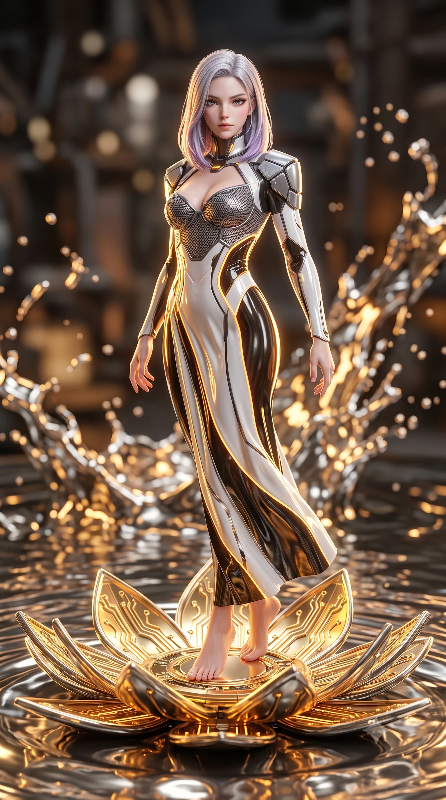 score_9, masterpiece, best quality, ultra-detailed, high-budget anime keyframe, semi-realistic 3D game render, editorial fashion photography, tasteful artistic composition, Caucasian woman. low angle full-body shot from head to toe showing her feet, filling the entire 9:16 vertical frame with her statuesque presence, stretching her vertical silhouette. pivoting dynamically in mid-motion with a breathtakingly alluring posture, displaying her flawless model proportions, toned flat midriff, and ultra-slim waist while standing with sovereign poise atop a gigantic glowing gold and chrome circuit lotus floating in a pool of liquid mercury. The composition keeps background elements in soft focus with creamy bokeh. molten metal splashes and light caustics scattering radiant glints across a soft-focus background. She has an absolutely perfect, statuesque 8.5-heads proportion, an exceptionally tall and slender model-like female figure with impossibly long slender legs, a toned flat midriff, and an ultra-slim waist. sharp v-shaped jawline, high-bridge nose, intricate jewel-like eyes with depth, thick eyelashes, glossy lips with a natural sheen, flawlessly proportioned anatomical accuracy, strict slender model proportions, natural body alignment, perfectly sculpted long slender limbs, ultra-slim waistline, clean dynamic posture without body distortion. wearing a structured titanium-mesh bustier with geometric shoulder pauldrons and an ultra-slender liquid jersey drape in high-contrast monochrome white enamel and glowing amber lines, formed from high-gloss patent material with specular chiaroscuro reflections, featuring a sleek aerodynamic collar framed by subtle glowing cybernetic accents, the glove-like aerodynamic second-skin fit tightly clinging to her ultra-slender waist and athletic curves without adding bulk, accentuating her razor-sharp statuesque lines and slim hourglass silhouette. bathed in warm golden circuit lotus uplights and glittering liquid mercury caustics. rich saturated anime colors with glowing neon highlights, detailed shading with soft gradients, rich glossy textures, high-contrast stereoscopic depth, volumetric dynamic lighting, master piece, 9:16 ratio