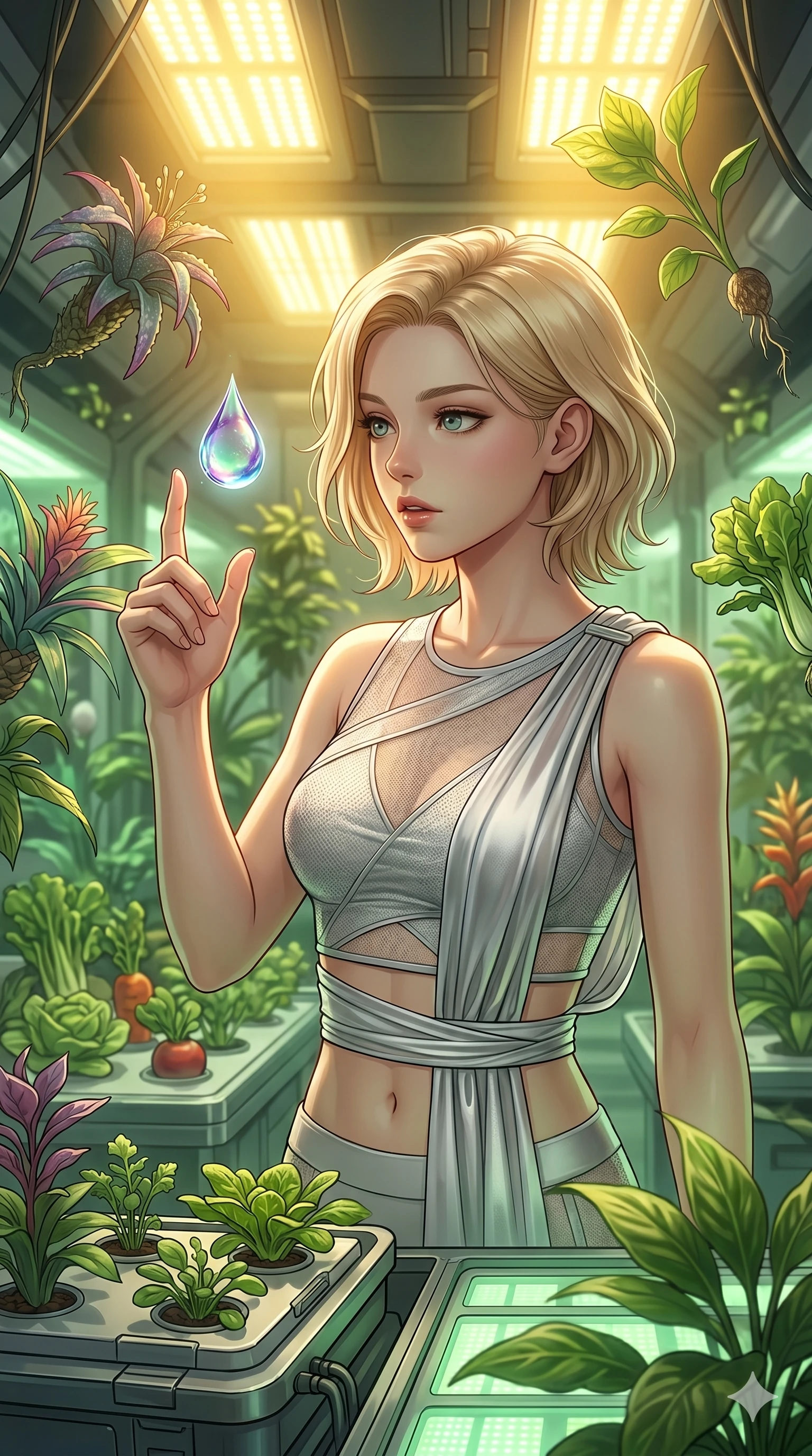 score_9, masterpiece, best quality, ultra-detailed, high-budget anime keyframe, editorial fashion photography, tasteful artistic composition, Caucasian woman, strictly human ears. Upper body close-up from the thighs up, character filling the screen for maximum presence. Inside a space station greenhouse, surrounded by floating plants, guiding a floating water droplet with her finger with a captivated expression. She is wearing a cropped cyber-fusion wrap top with delicate sheer panels and silver sash. The scene is lit by high-intensity agricultural sun lamps and soft green ambient light. 2k, ultra detail, master piece, 9:16 ratio