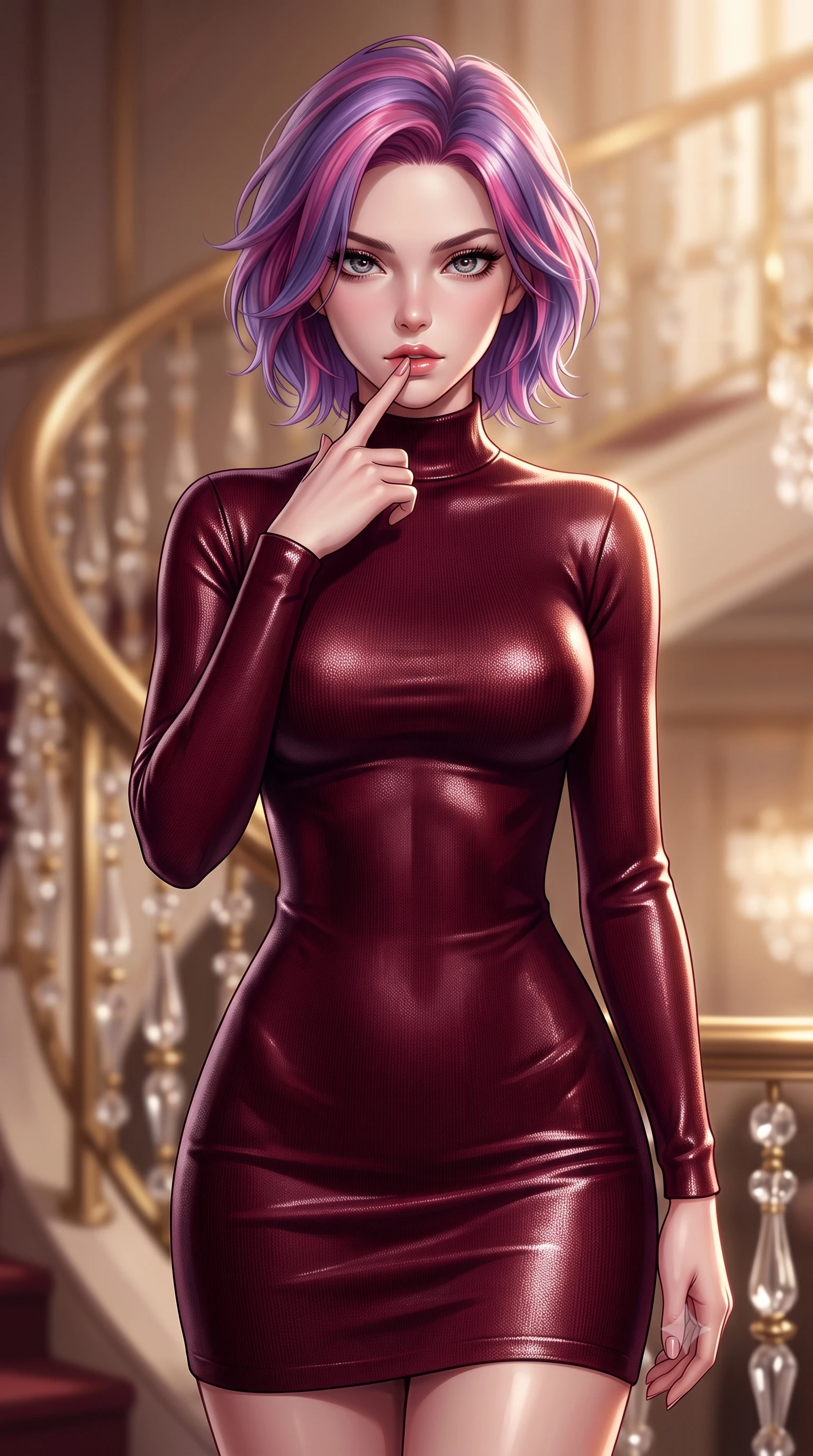 score_9, masterpiece, best quality, ultra-detailed, high-budget anime keyframe, editorial fashion photography, tasteful artistic composition, Caucasian woman. close-up cowboy shot from the waist and thighs up, the character dominates the composition, filling the frame with her large presence, background elements kept in soft focus. pressing one finger to her bottom lip in a thoughtful, seductive gesture under the warm sun the background shows a soft-focus the grand staircase lobby of an opera house with brass railings and crystal details. She has an exceptionally elegant, slender, and willowy female figure with an ultra-slim waist, a gracefully sculpted slender torso, and a refined silhouette. sharp v-shaped jawline, high-bridge nose, intricate jewel-like eyes with depth, thick eyelashes, glossy lips with a natural sheen. wearing a tailored form-contouring bodycon sweater dress in deep burgundy, featuring a snug mock-neck. soft spotlighting highlighting the silk textures of her gown. ultra-reflective glossy finish, specular highlights, metallic sheen, high-contrast stereoscopic depth, volumetric dynamic lighting, 2k, ultra detail, master piece, 9:16 ratio