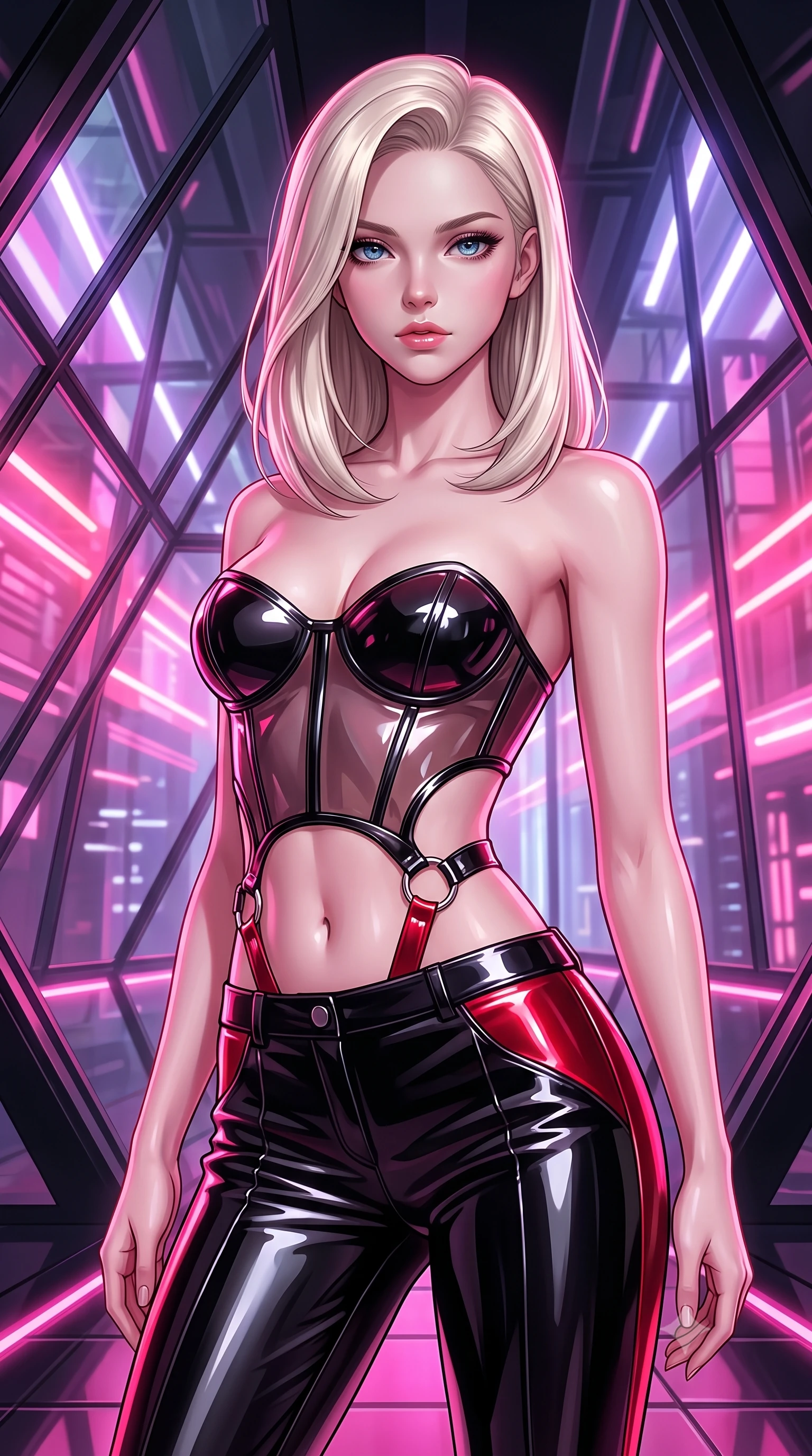 score_9, masterpiece, best quality, ultra-detailed, high-budget anime keyframe, editorial fashion photography, tasteful artistic composition, Caucasian woman. close-up cowboy shot from the waist and thighs up, the character dominates the composition, filling the frame with her large presence. gazing forward with divine sovereign poise, captivating jewel-like eyes shining with transcendent luminescence and alluring grace while stretching her slender torso in an alluring back-arch as pink and violet neon light streams through geometric glass panes. The surrounding environment is rendered in vivid detail and crisp panoramic clarity. vibrant contrast between rich digital pinks, obsidian black surfaces, and neon light in panoramic sharpness. She has an exceptionally elegant, slender, and willowy female figure with an ultra-slim waist, a gracefully sculpted slender torso, toned flat midriff, and a refined slim silhouette. sharp v-shaped jawline, high-bridge nose, intricate jewel-like eyes with depth, thick eyelashes, glossy lips with a natural sheen, flawlessly proportioned anatomical accuracy, strict slender model proportions, natural body alignment, perfectly sculpted long slender limbs, ultra-slim waistline, clean dynamic posture without body distortion. wearing a structured translucent cyber-corset paired with tailored high-fashion satin trousers that sharply cinch her ultra-slim waist in high-gloss obsidian black and burning laser crimson accents, formed from high-gloss patent material with specular chiaroscuro reflections, detailed with polished silver rings connecting the daring side-waist cutouts, the precision-cut daring openings accentuating her delicate midriff, graceful bare collarbones, and ultra-slim feminine waistline. surrounded by an exotic, romantic, and breathtakingly stylish cyber-goddess aura. ultra-reflective glossy finish, specular highlights, dark metallic sheen, high-contrast stereoscopic depth, volumetric dynamic lighting, 2k, ultra detail, master piece, 9:16 ratio