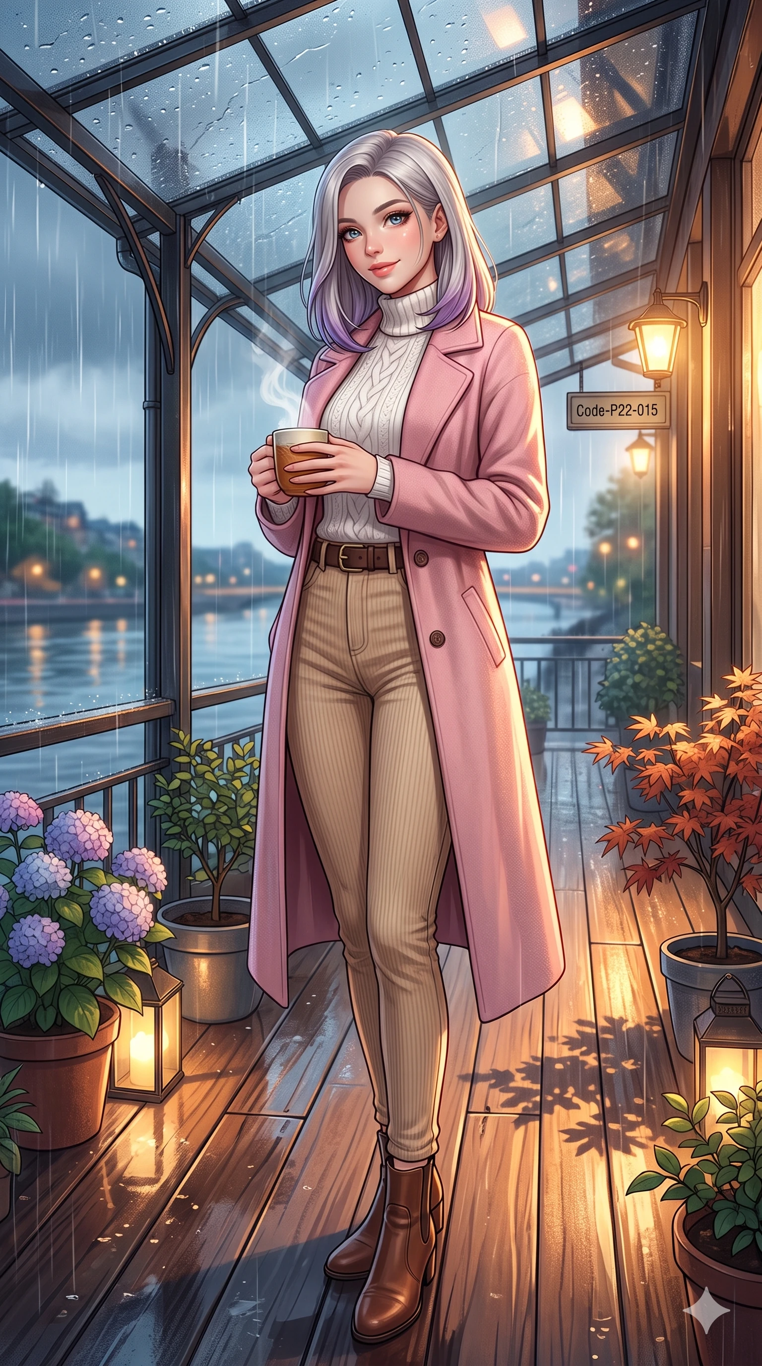 score_9, masterpiece, best quality, ultra-detailed, high-budget anime keyframe, vibrant anime aesthetic, Caucasian woman, strictly human ears. low angle full-body shot from head to toe showing her feet, filling the entire 9:16 vertical frame with her statuesque presence, stretching her vertical silhouette. She is holding a warm mug of tea, looking at the camera with a gentle smile, looking over her shoulder at the camera with a gentle tilt of her head. by a scenic river bank deck decorated with potted plants, under an elegant glass canopy in the rain (Code-P22-015). She has an absolutely perfect 8-heads proportion, an exceptionally tall and slender female figure with impossibly long slender legs and an ultra-slim waist. V-shaped jawline, high-bridge nose, intricate jewel-like eyes with depth, thick eyelashes, glossy lips with a natural sheen. wearing a cozy woolen coat in pastel pink over a white knit top and fitted corduroy pants with an elegant leather belt. She is lit by dramatic, high-contrast streetlights casting long shadows in the rain, adding depth to her jewel-like eyes in the rainy afternoon. 2k, ultra detail, master piece, 9:16 ratio