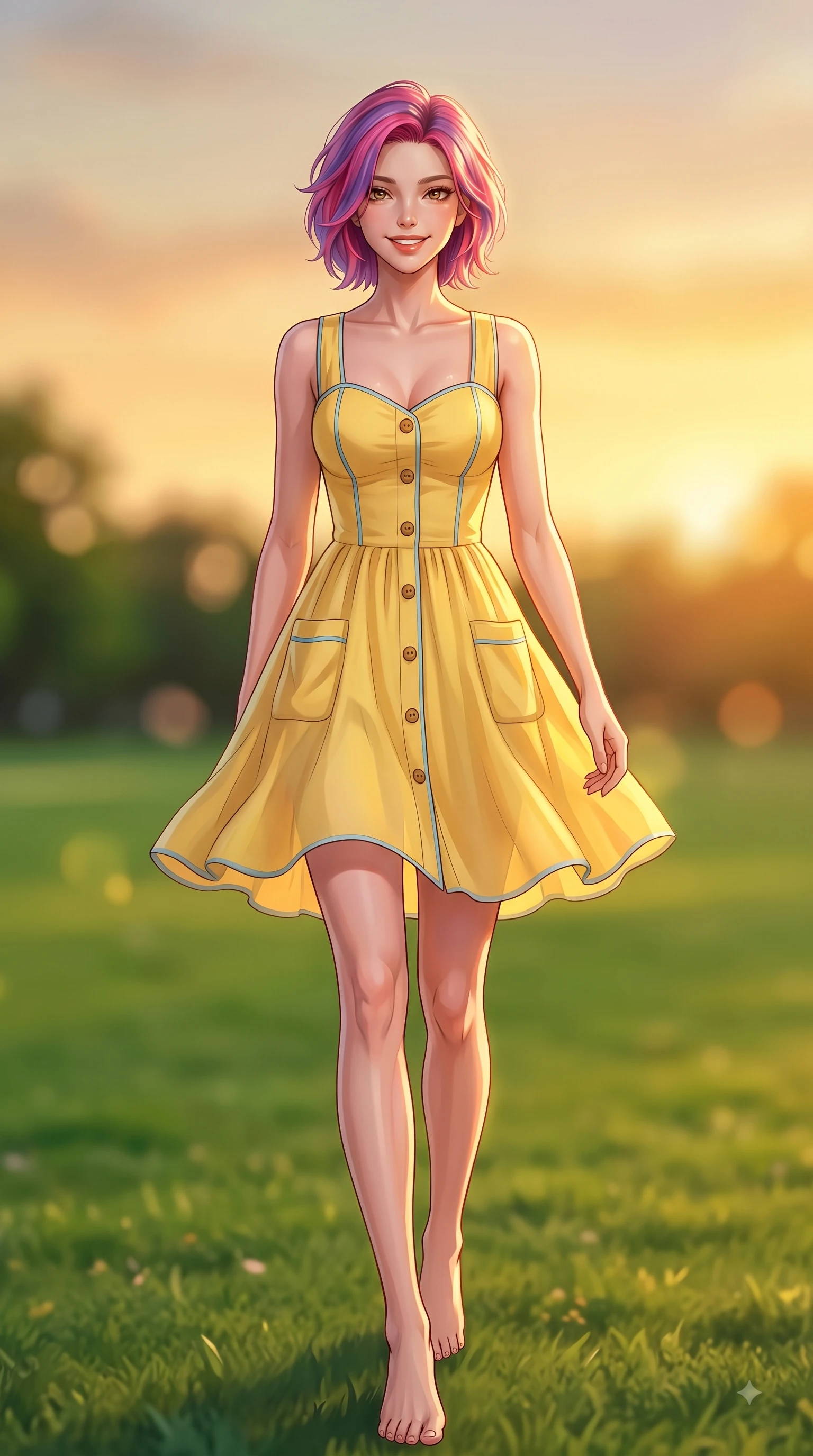 score_9, masterpiece, best quality, ultra-detailed, high-budget anime keyframe, editorial fashion photography, tasteful artistic composition, Caucasian woman. low angle full-body shot from head to toe showing her feet, filling the entire 9:16 vertical frame with her statuesque presence, stretching her vertical silhouette. walking forward in a proud dynamic stride with a cheerful beaming smile, her vertical silhouette filling the frame while resting on her knees on the lush grass with a joyful, beaming expression as warm sunset light warms her face. The composition keeps background elements in soft focus with dreamy bokeh. green park lawns and soft sunset sky gradients blurred smoothly behind her radiant figure. She has an absolutely perfect, statuesque 8.5-heads proportion, an exceptionally tall and slender model-like female figure with impossibly long slender legs and an ultra-slim waist. sharp v-shaped jawline, high-bridge nose, intricate jewel-like eyes with depth, thick eyelashes, glossy lips with a natural sheen, flawlessly proportioned anatomical accuracy, natural body alignment, perfectly sculpted elegant limbs, clean dynamic posture without body distortion. wearing a sunny yellow cotton sundress with a sweetheart neckline and wooden button accents in sunny daffodil yellow and clear sky blue, made of fine lightweight chiffon that flutters gently in the breeze, finished with neat front wooden buttons and pocket details, the chic real-way fashion cut emphasizing her effortless charm. bathed in glorious golden hour sunset sunbeams and warm amber sky radiance. highly saturated vibrant anime colors, detailed shading with soft gradients, rich glossy textures, high-contrast stereoscopic depth, volumetric dynamic lighting, master piece, 9:16 ratio
