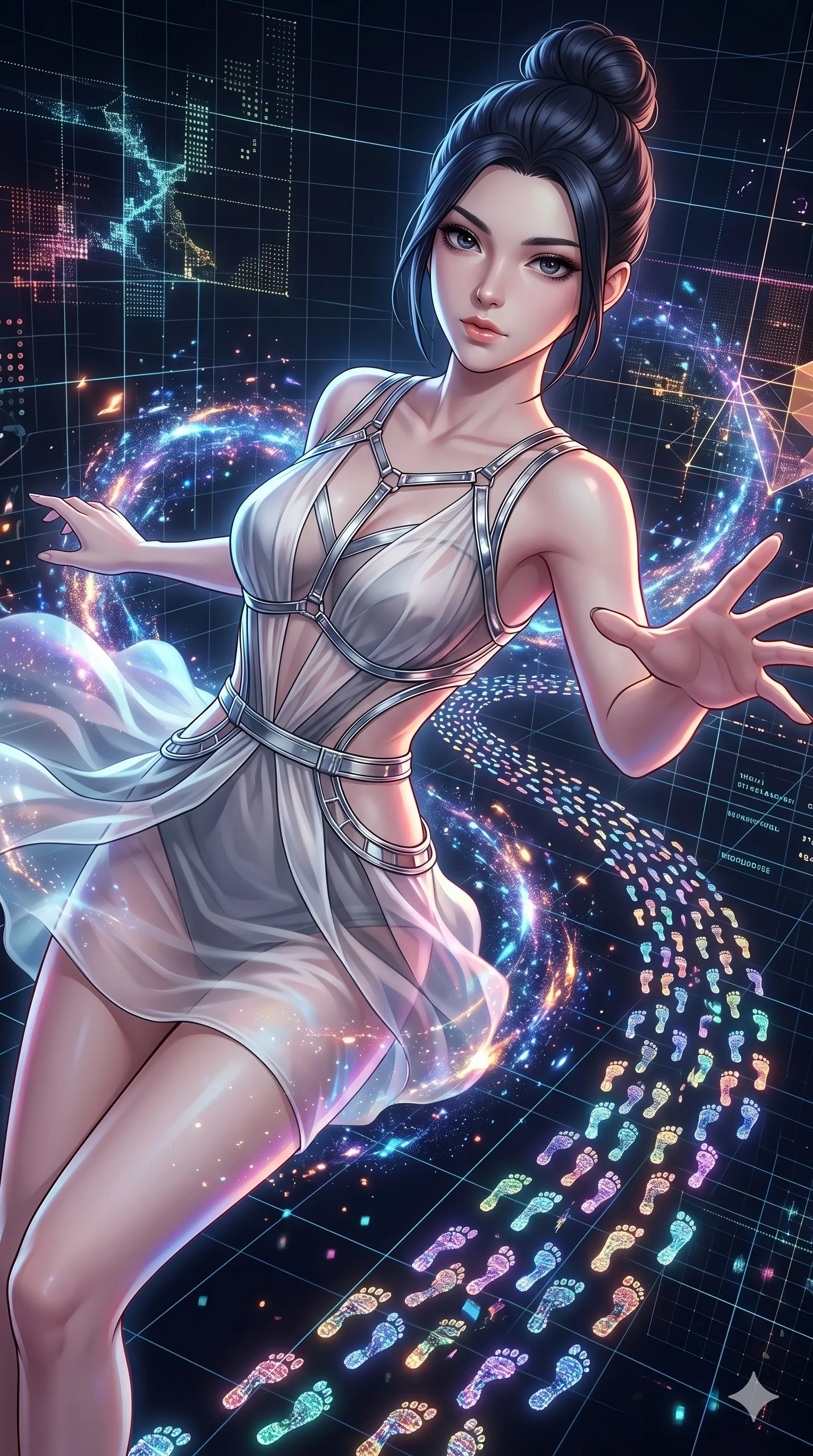 score_9, masterpiece, best quality, ultra-detailed, Set A: High-budget Anime Keyframe, Caucasian (strictly human ears) woman. Upper body close-up from the thighs up, character filling the screen for maximum presence. Sliding through a virtual reality void, as she leaves a trail of 258 glowing footprints and surrounded by glowing energy sparks. She has an absolutely perfect 8-heads proportion, an exceptionally tall and slender female figure with impossibly long slender legs and an ultra-slim waist. Sharp v-shaped jawline, high-bridge nose, intricate jewel-like eyes with depth, thick eyelashes, glossy lips with a natural sheen. Wearing Avant-garde paper-thin silk dress that floats like smoke, with metallic straps. Cinematic lighting, vibrant colors, dramatic shadows, 2k, ultra detail, master piece, 9:16 ratio