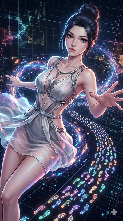 score_9, masterpiece, best quality, ultra-detailed, Set A: High-budget Anime Keyframe, Caucasian (strictly human ears) woman. Upper body close-up from the thighs up, character filling the screen for maximum presence. Sliding through a virtual reality