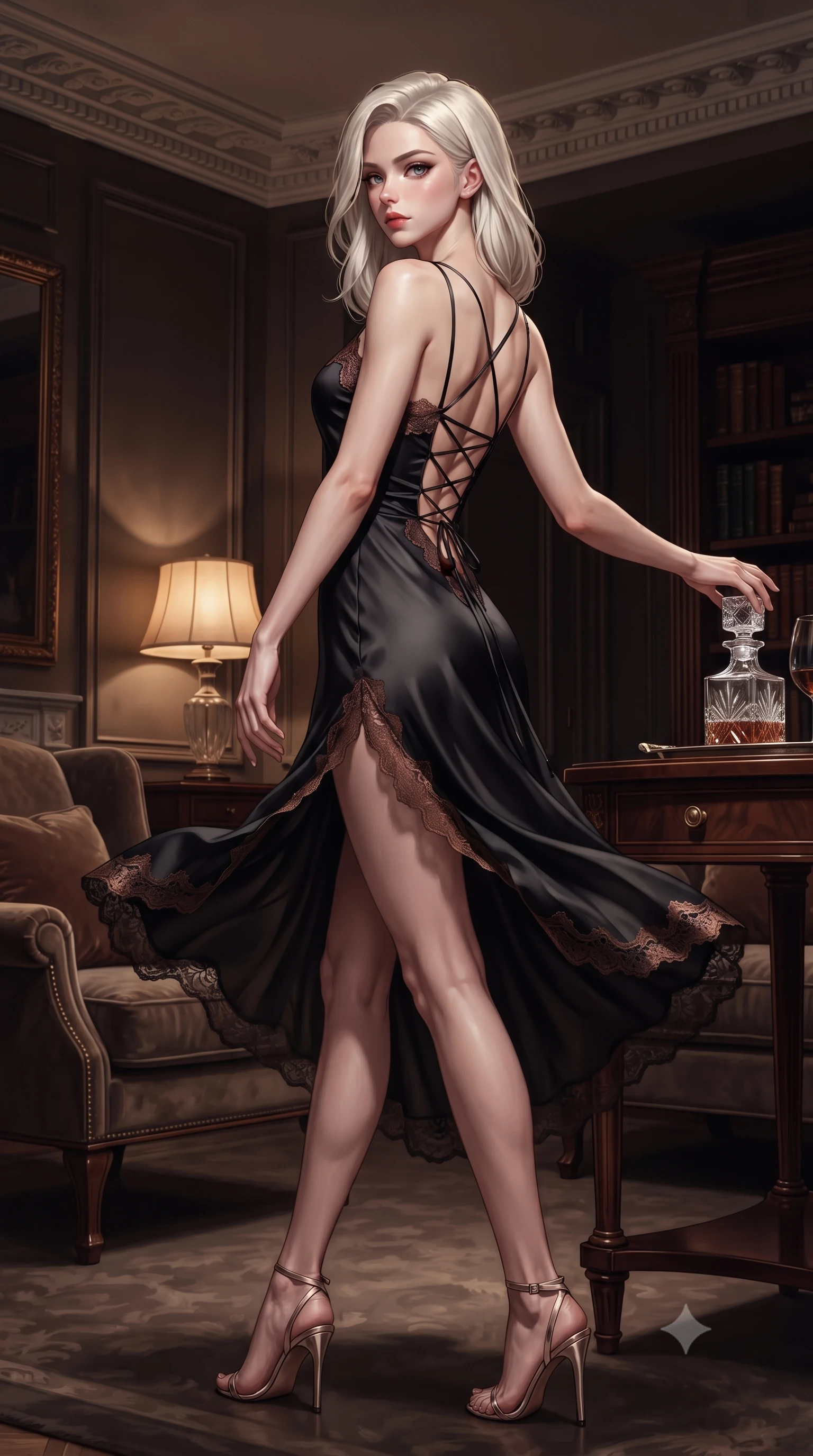 score_9, masterpiece, best quality, ultra-detailed, high-budget anime keyframe, editorial fashion photography, tasteful artistic composition, Caucasian woman. low angle full-body shot from head to toe showing her feet, filling the entire 9:16 vertical frame with her statuesque presence, stretching her vertical silhouette. executing a slow, elegant turn as her liquid gown flutters around her slender legs, glancing over her shoulder with an intoxicating, seductive bedroom-gaze while twisting her slender torso in an alluring S-curve while reaching for a vintage crystal decanter, her dark tailored fit highlighting her hourglass curves. The surrounding environment is rendered in vivid detail and crisp panoramic clarity. detailed tailored suit or dress weave, jewelry shine, and Mayfair townhouse interior clarity in high resolution. She has an exceptionally tall and slender model-like 8.5-heads proportion, an ultra-slim waist, a flat toned midriff, narrow delicate ribcage, and beautifully sculpted feminine hips creating a graceful, slim hourglass silhouette without any bulky heaviness, with impossibly long slender legs. sharp v-shaped jawline, high-bridge nose, intricate jewel-like dark sparkling eyes with dangerous depth, thick curled eyelashes, glossy parted lips with a rich wine sheen, smoldering seductive half-smile with bedroom-eyes, exuding effortless superiority and intoxicating dark allure, flawlessly proportioned anatomical accuracy, strict slender model proportions, natural body alignment, perfectly sculpted long slender limbs, ultra-slim waistline, clean dynamic posture without body distortion. wearing a strappy black silk slip dress with delicate lace scallop edging along the neckline and hem in dark burnt copper and matte black, crafted from layered gossamer black organza with weightless, smoky flutter, featuring a dramatic criss-cross satin back lacing tracing her slender spine, the precision-cut side openings and low-back scoop framing her graceful spine and the sensual sweep of her slim, toned hips. bathed in soft warm table lamp ambient fill and deep atmospheric shadow tones. ultra-reflective glossy finish, specular highlights, rich textural contrasts, high-contrast stereoscopic depth, volumetric dynamic lighting, 2k, ultra detail, master piece, 9:16 ratio