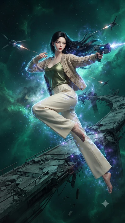 score_9, masterpiece, best quality, ultra-detailed, high-budget anime keyframe, editorial fashion photography, tasteful artistic composition, realistic cosplay photography, Korean woman. low angle full-body shot from head to toe showing her feet, fil